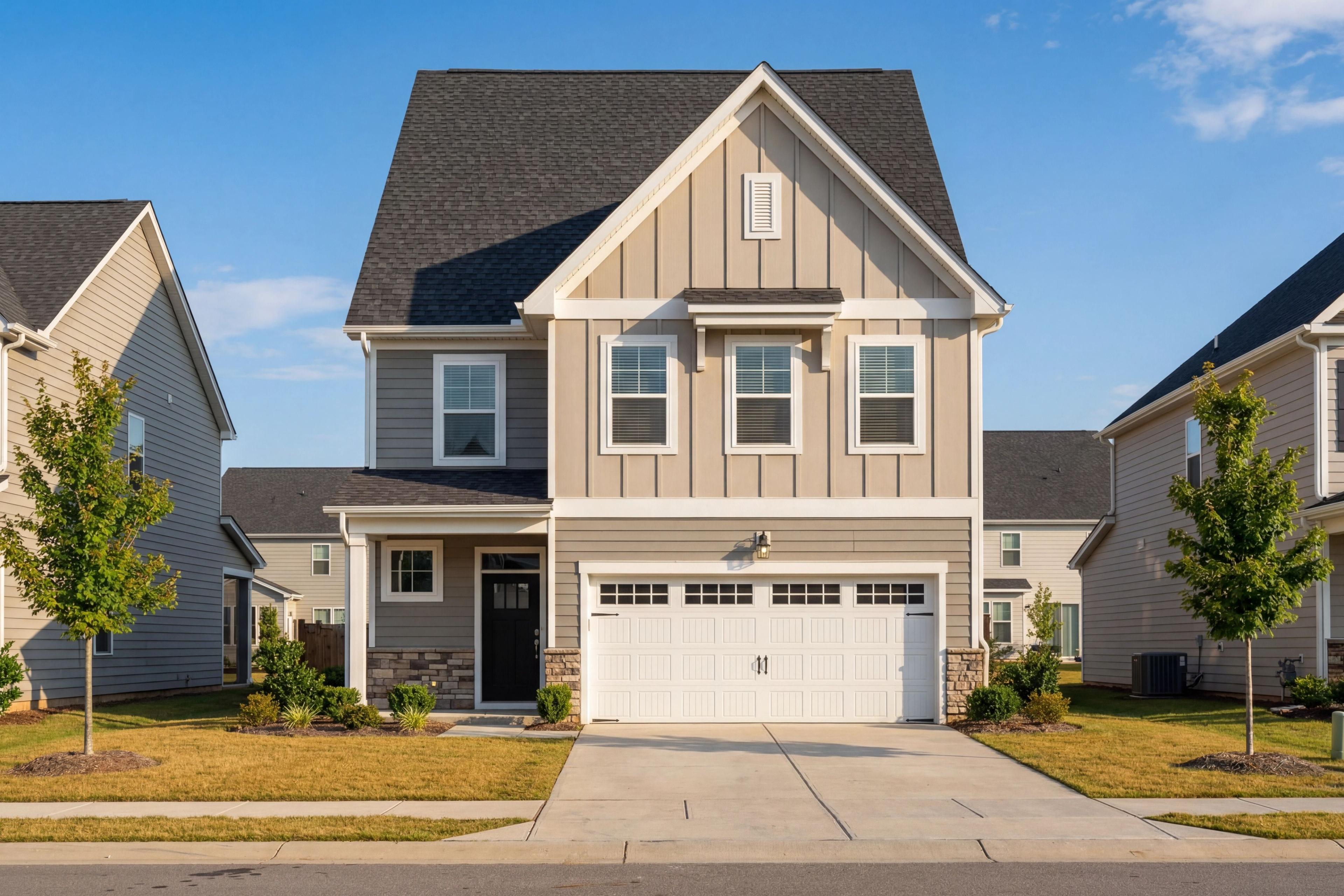 Two-story Gavin B home elevation with beige siding, dark shingle roof, two-car garage, and front porch in Lillington neighborhood