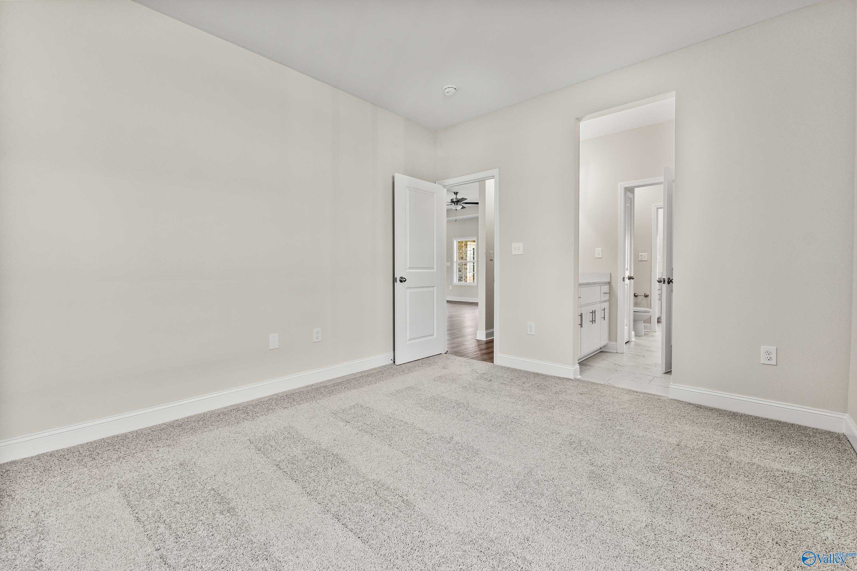 Spacious empty master bedroom with beige walls, carpet floors, and adjacent bath in Davidson Homes The Finleigh, Toney, Alabama