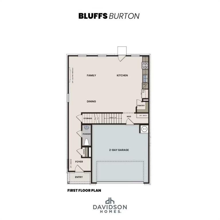 First floor plan of The Burton B by Davidson Homes in The Bluffs, Canton, GA: open family room, kitchen, dining, powder room, 2-car garage