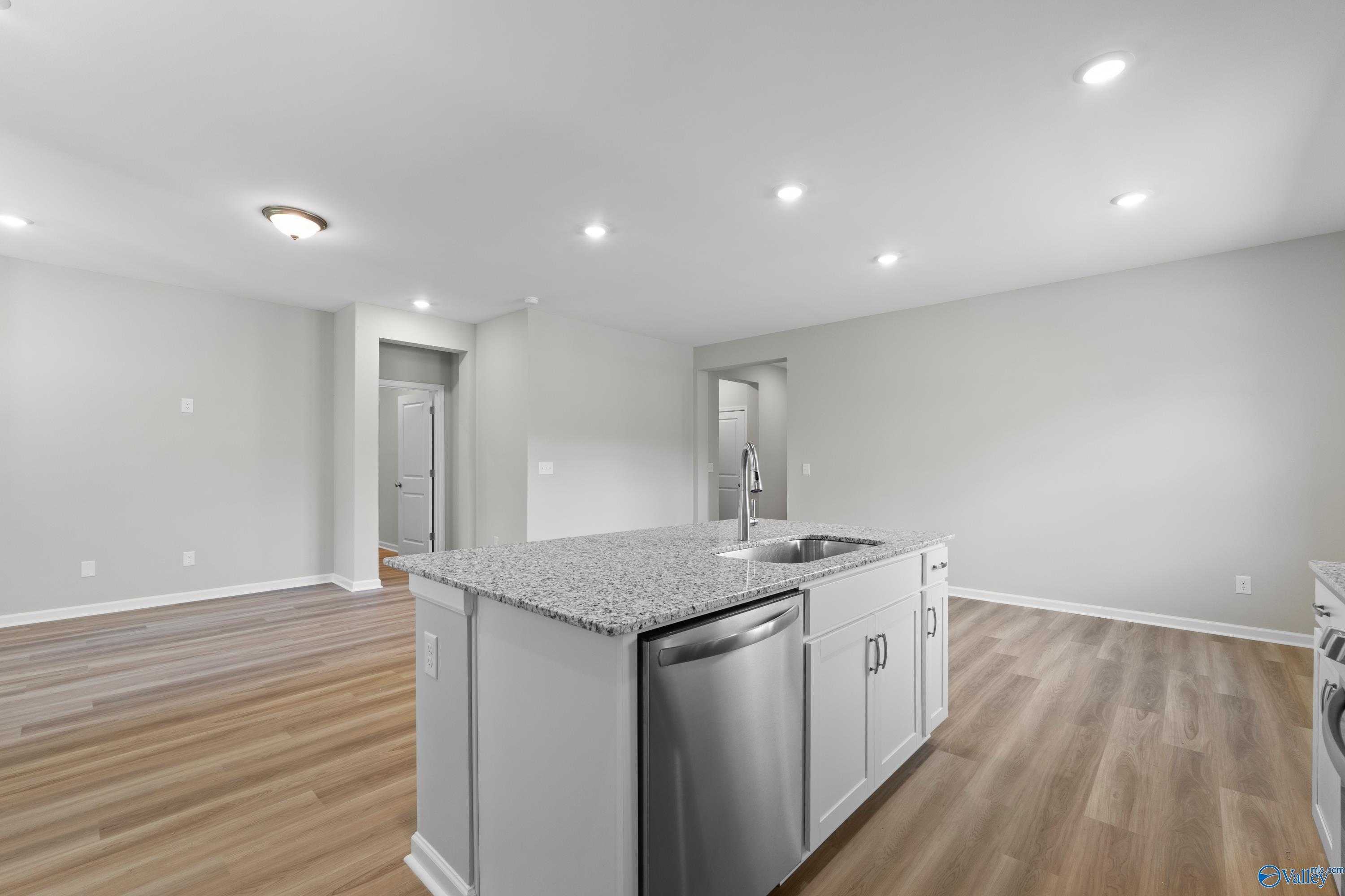 Modern kitchen island with granite countertop, stainless sink, white cabinets in The Polaris 3-bedroom home, Fayetteville, TN