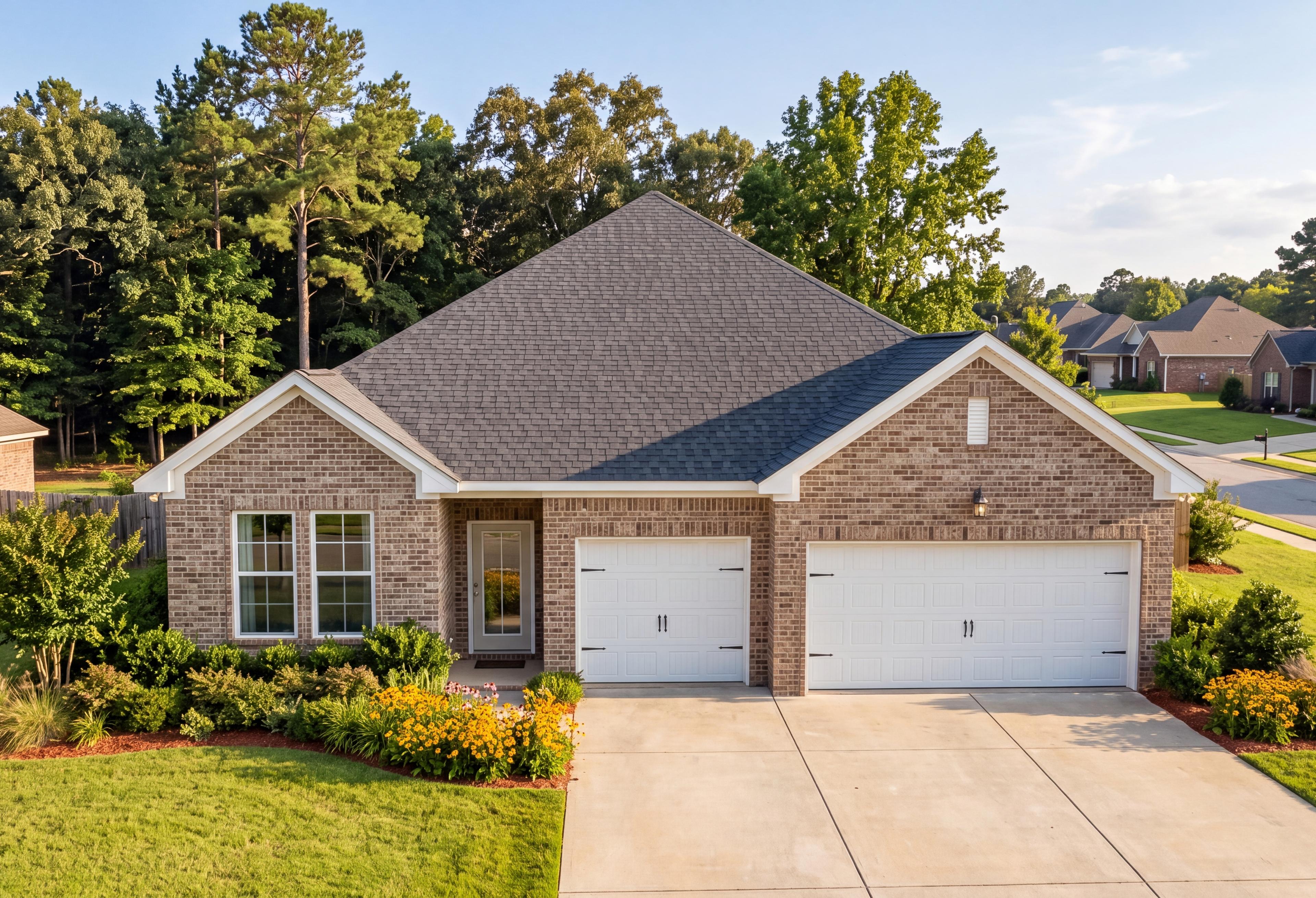 The Redstone C single-family home in Priceville, AL featuring a brick exterior and a spacious 3-car garage.