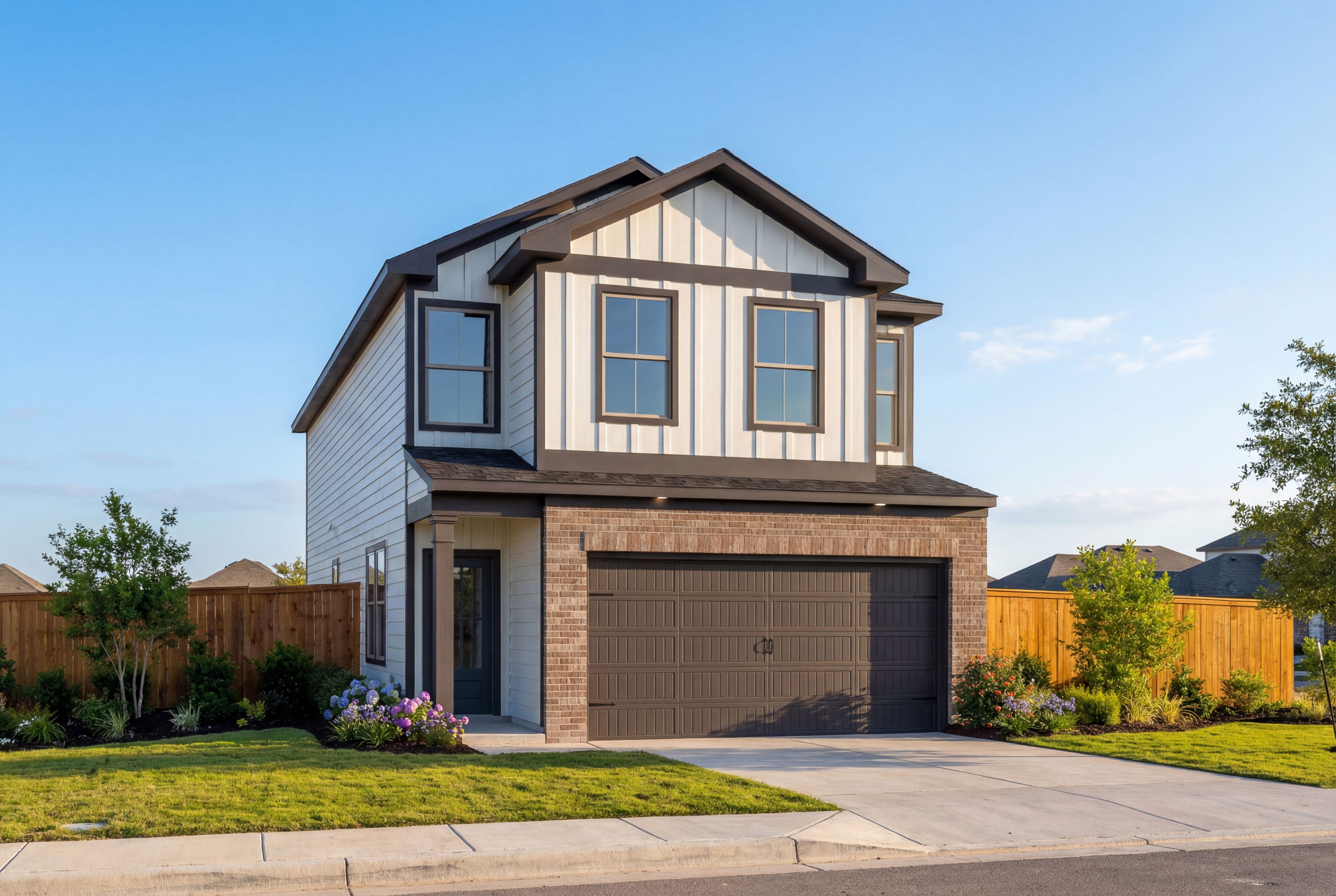 The Charlotte 2-story home elevation by Davidson Homes: white board-and-batten siding, brick accents, 2-car garage, landscaped yard in San Antonio