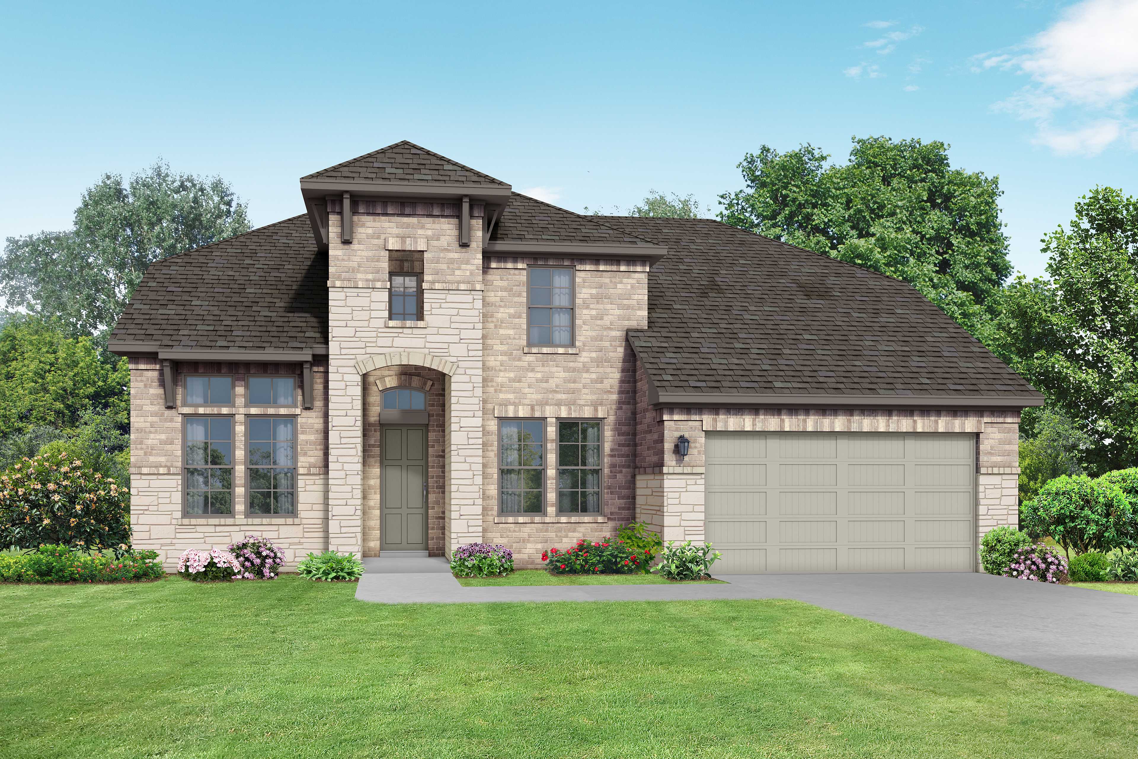 Modern two-story elevation of The Victoria C showcasing brick and stone facade, 3-car garage, and lush landscaping in Rosharon, Texas