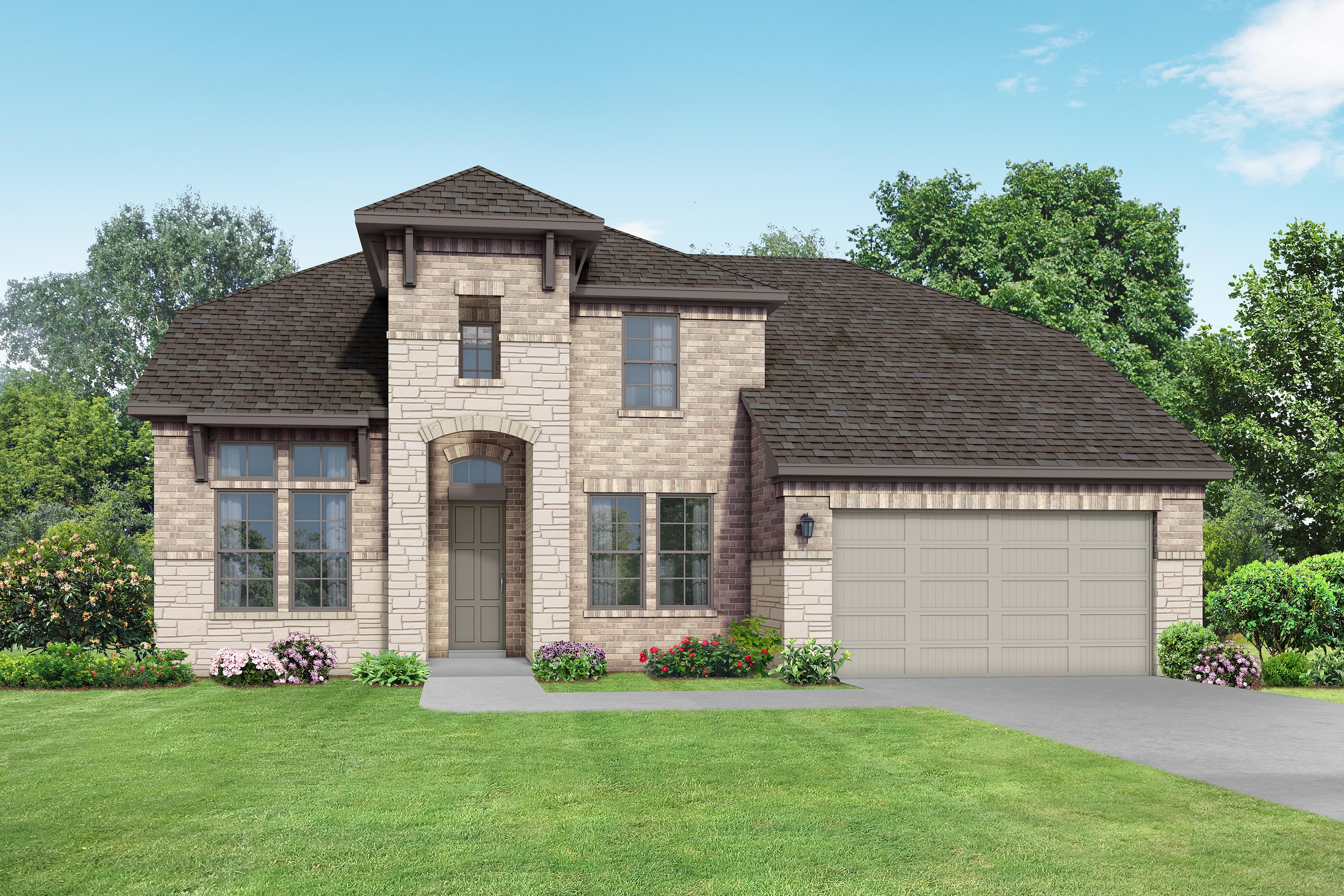 Modern two-story elevation of The Victoria C showcasing brick and stone facade, 3-car garage, and lush landscaping in Rosharon, Texas