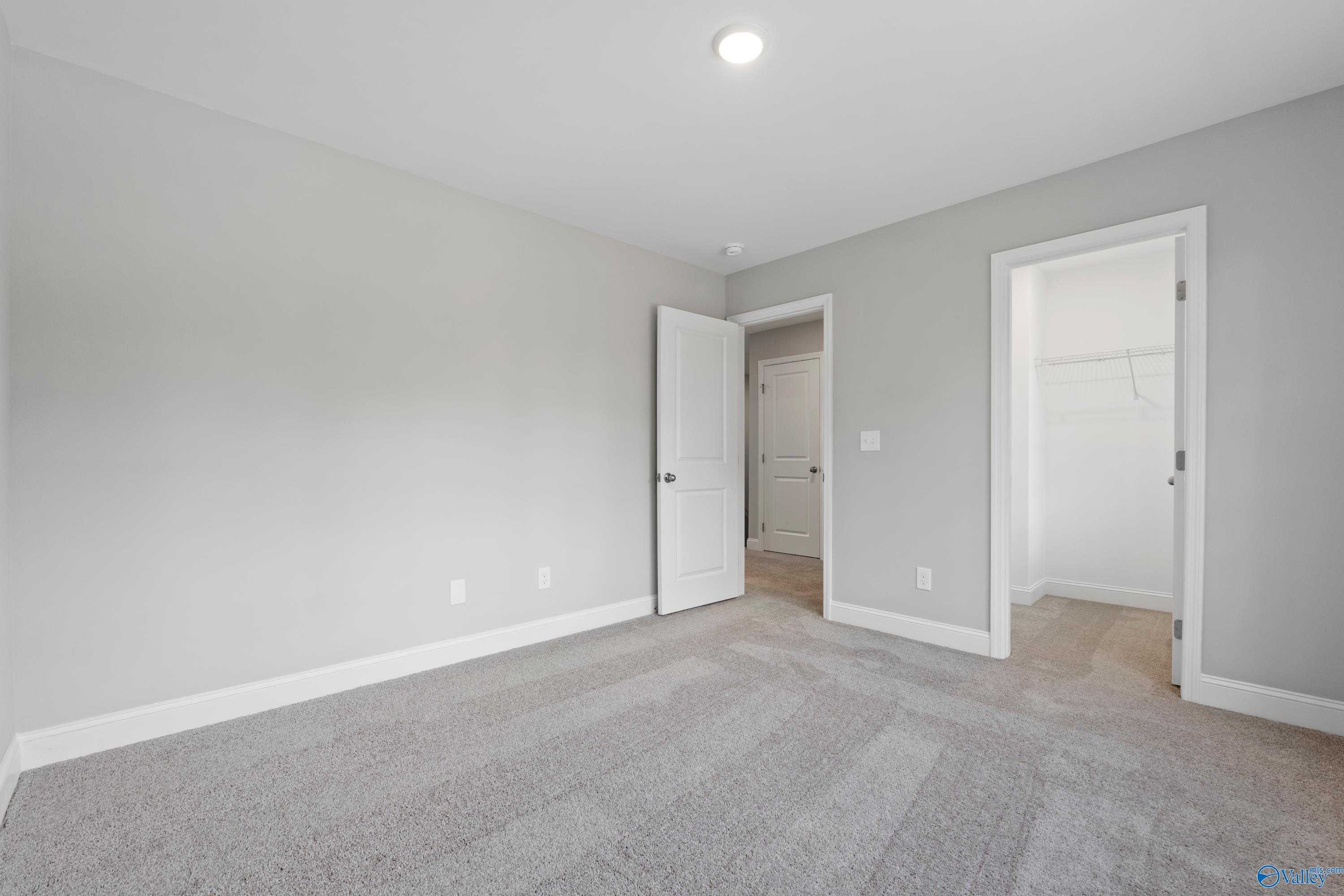 Modern bedroom with gray walls, neutral carpet, open walk-in closet, and en-suite bath door in Davidson Homes The Chelsea B, New Market, AL