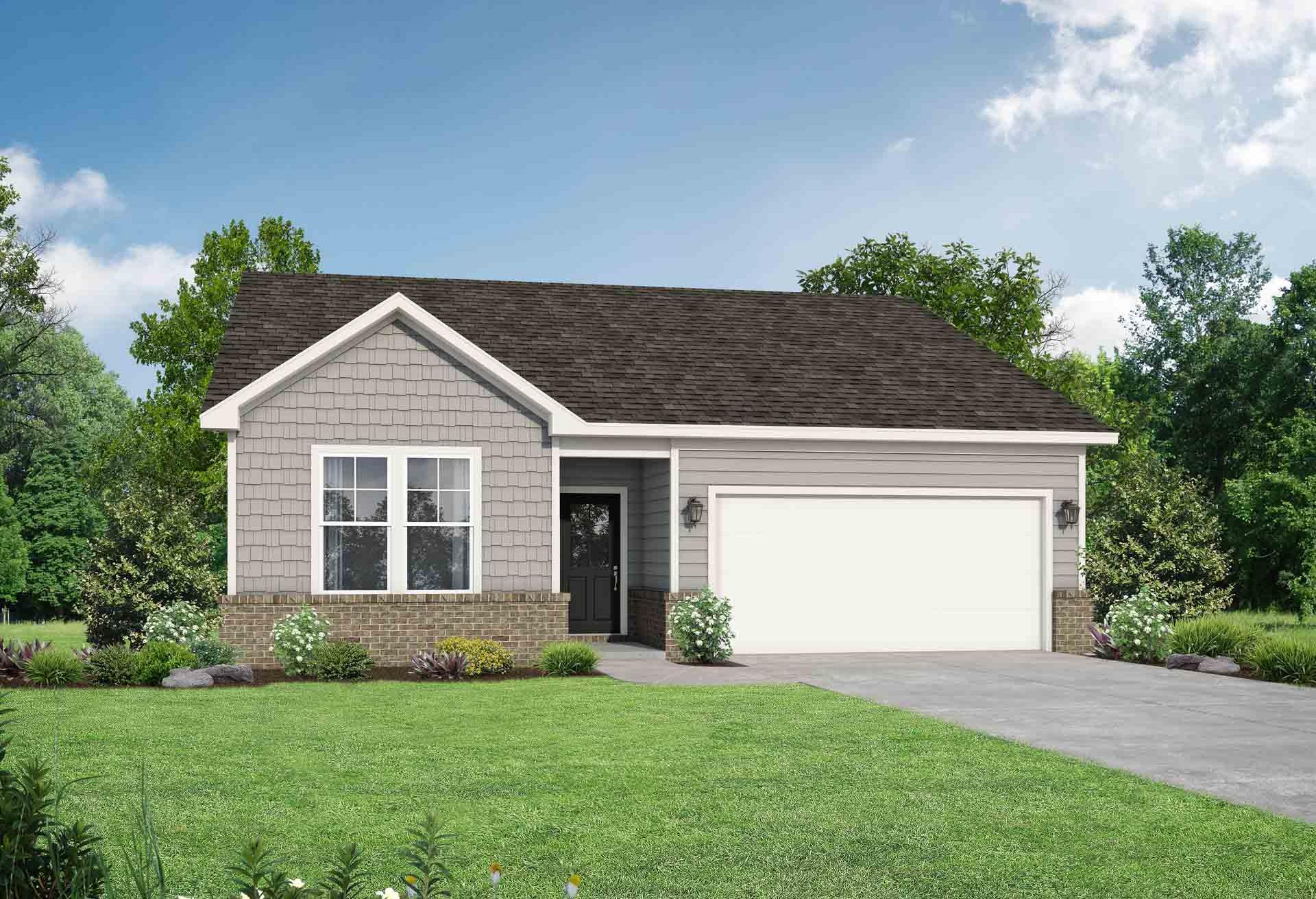 Charming single-story The Asheville exterior with gray shaker siding, gabled dark roof, two-car garage, and lush green landscaping