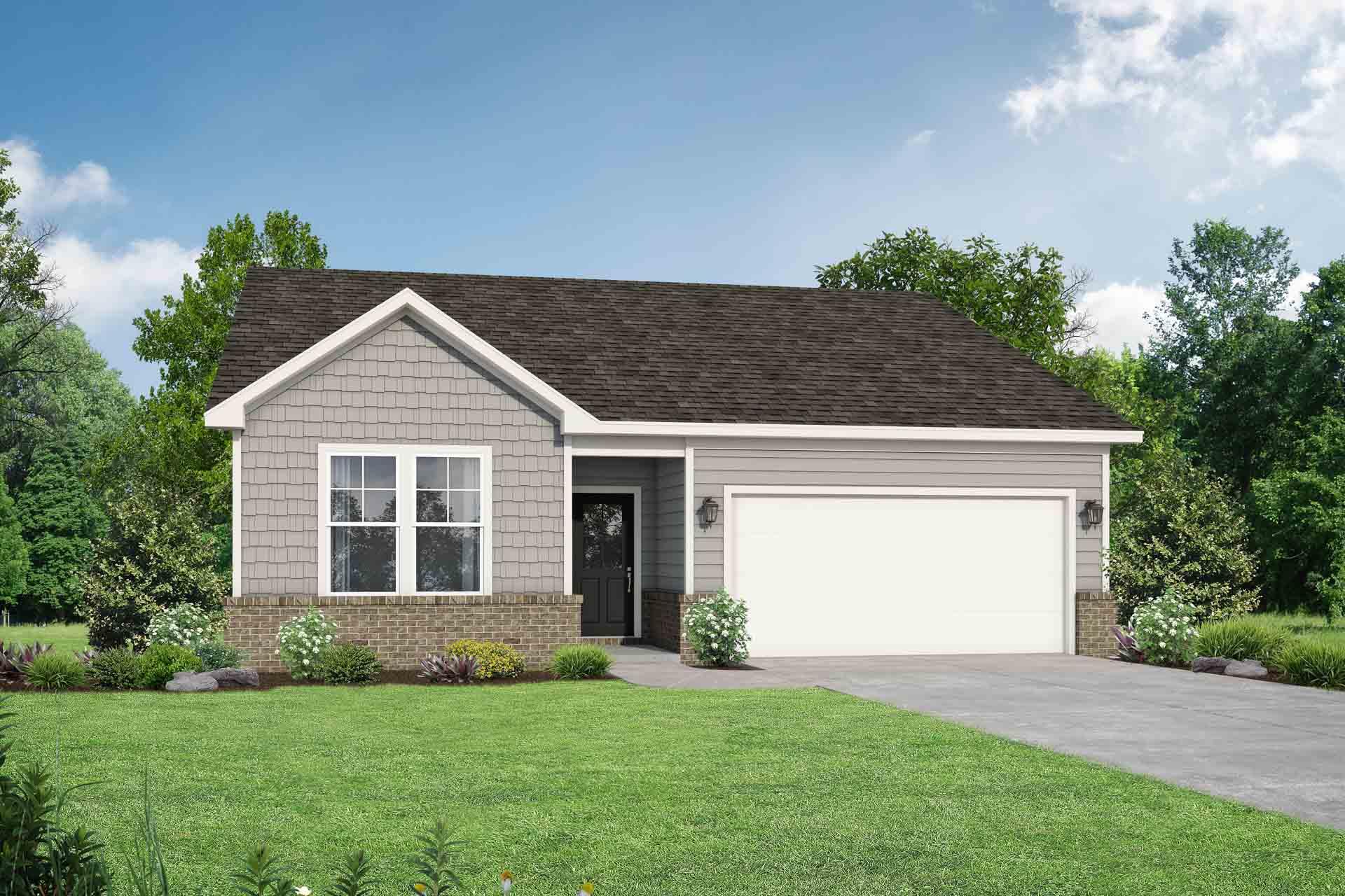 Charming single-story The Asheville exterior with gray shaker siding, gabled dark roof, two-car garage, and lush green landscaping