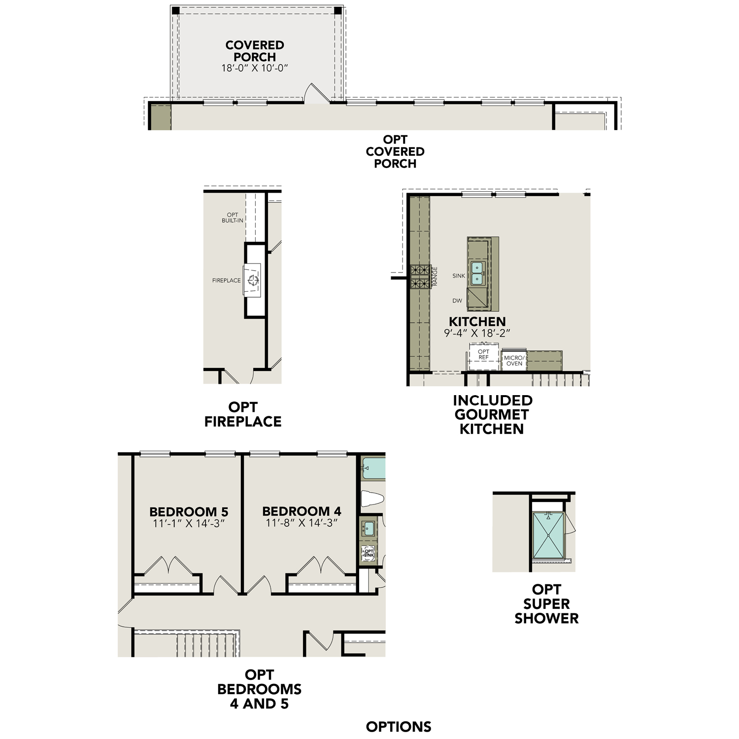 First floor plan of The Ashford G home design featuring gourmet kitchen, two bedrooms, covered porch, and optional super shower