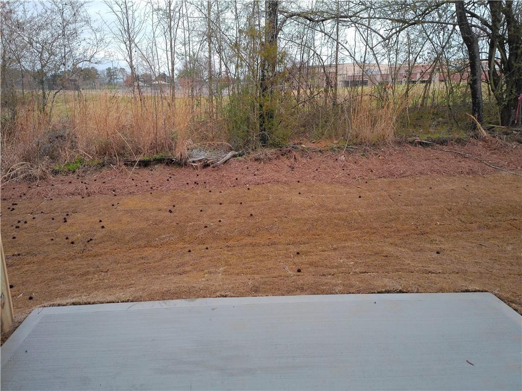 Spacious backyard with concrete patio slab, trees, and open fields in The Cary A 3-bedroom home, Lake Shore, Winder, Georgia