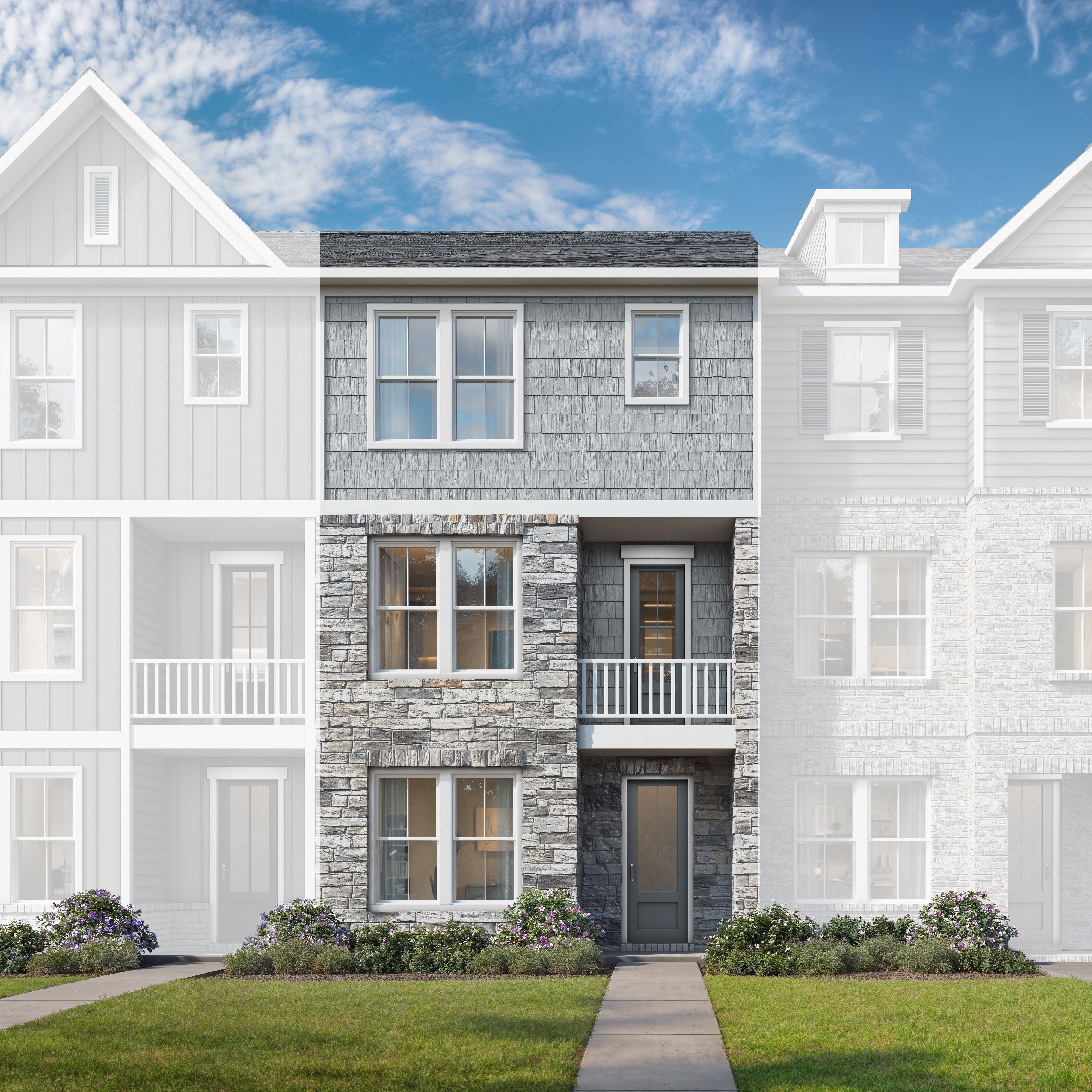 Modern 3-story townhome elevation of The Porter C with stone accents, balcony, siding exterior, and landscaped front yard in Woodstock, GA