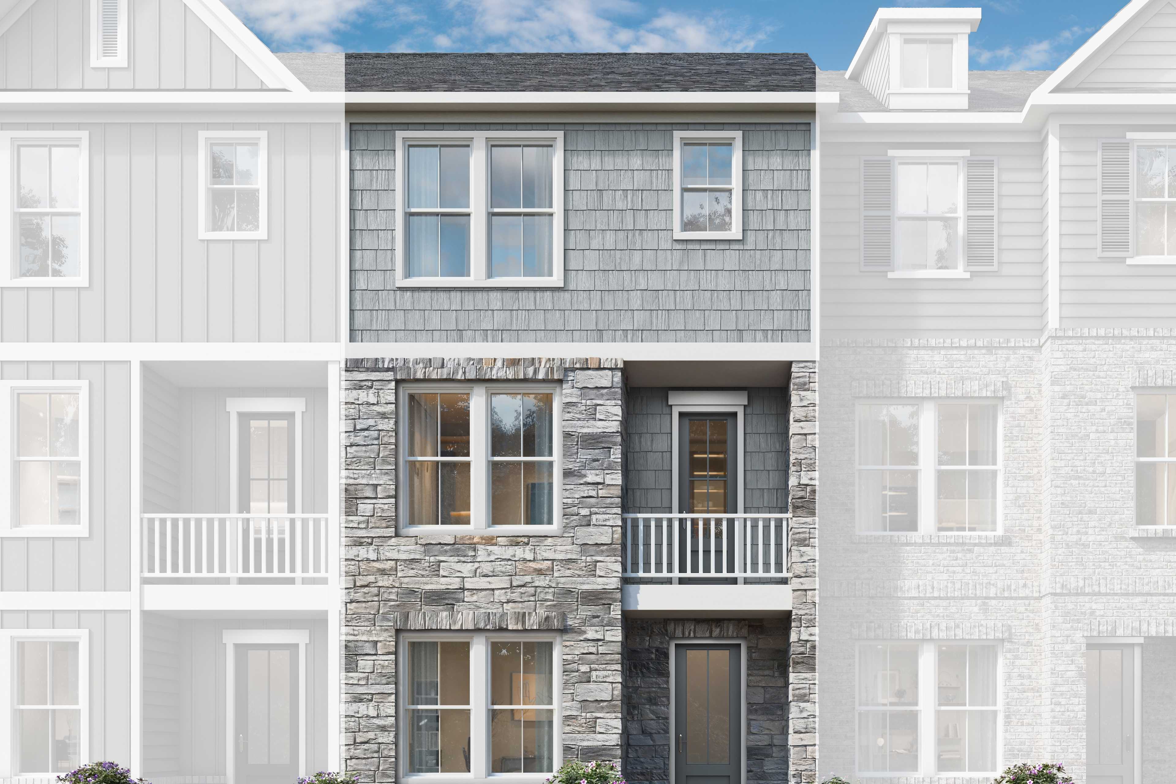 Modern 3-story townhome elevation of The Porter C with stone accents, balcony, siding exterior, and landscaped front yard in Woodstock, GA