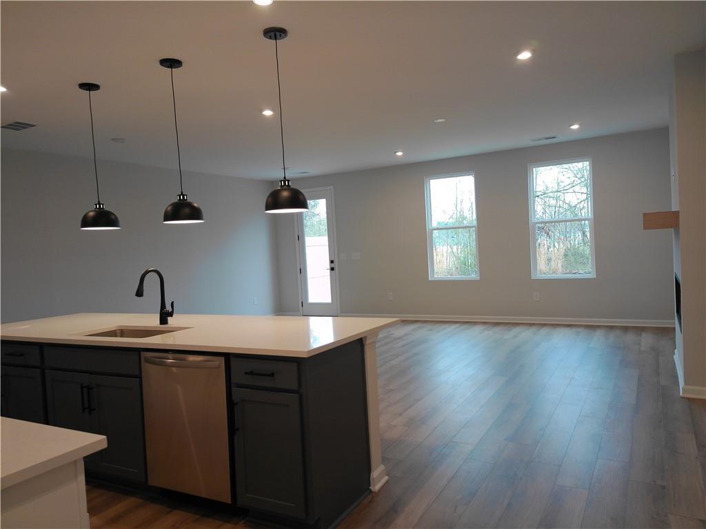 Modern open-concept kitchen with white quartz island, black cabinets, stainless dishwasher, and adjacent living area in Davidson Homes The Cary A, Winder, GA