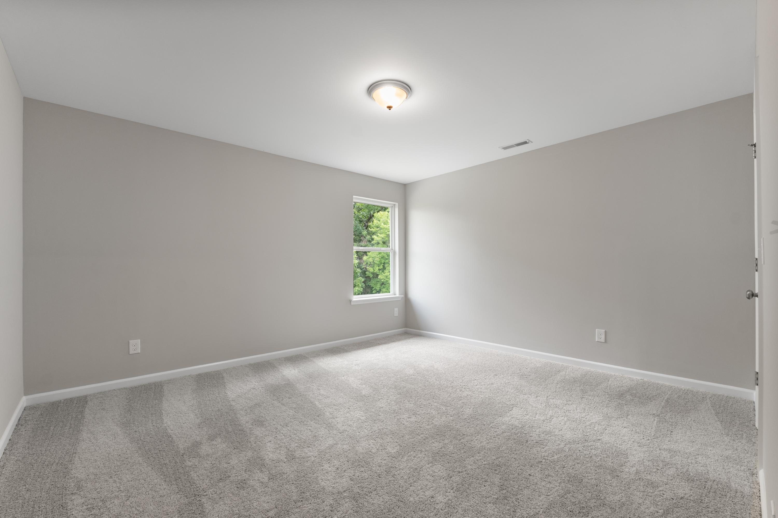Spacious empty bedroom in The Avalon D with light gray walls, beige carpet, large window to greenery, and ceiling light