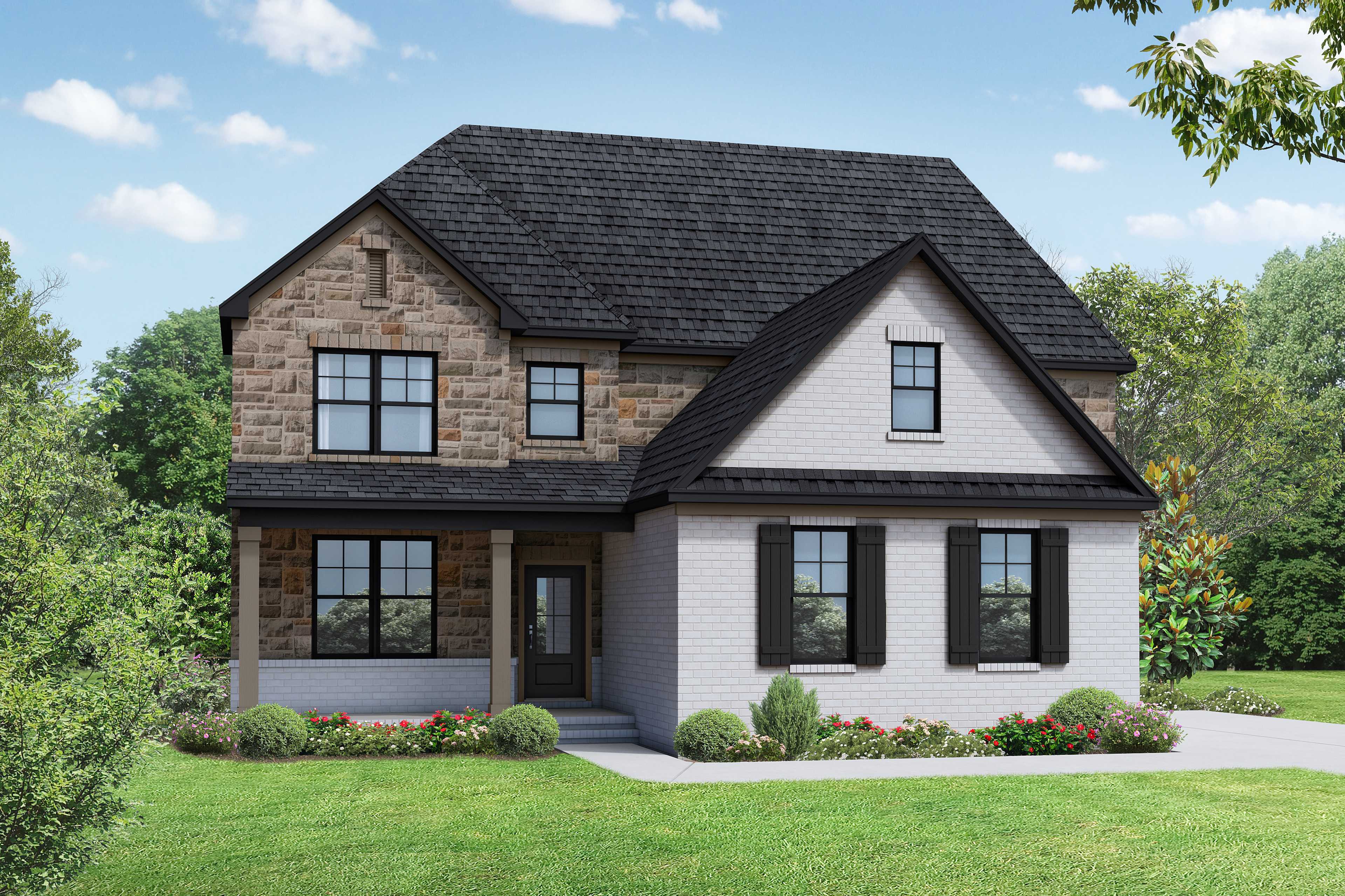 Modern two-story elevation of The Ash C showcasing gray siding, brick base, two-car garage, and lush landscaping