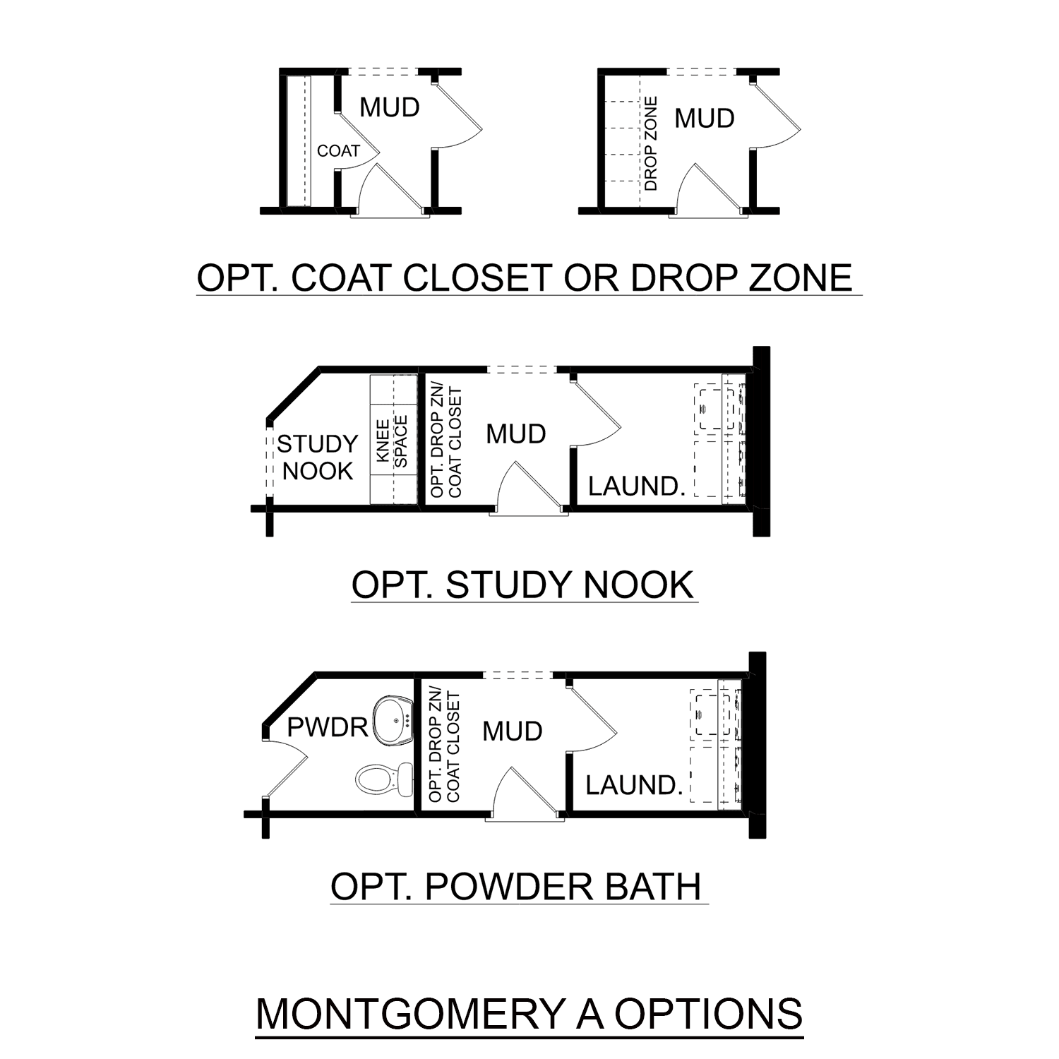 The Montgomery floor plan entry layout with mudroom, optional coat closet, drop zone, study nook, powder bath, and laundry