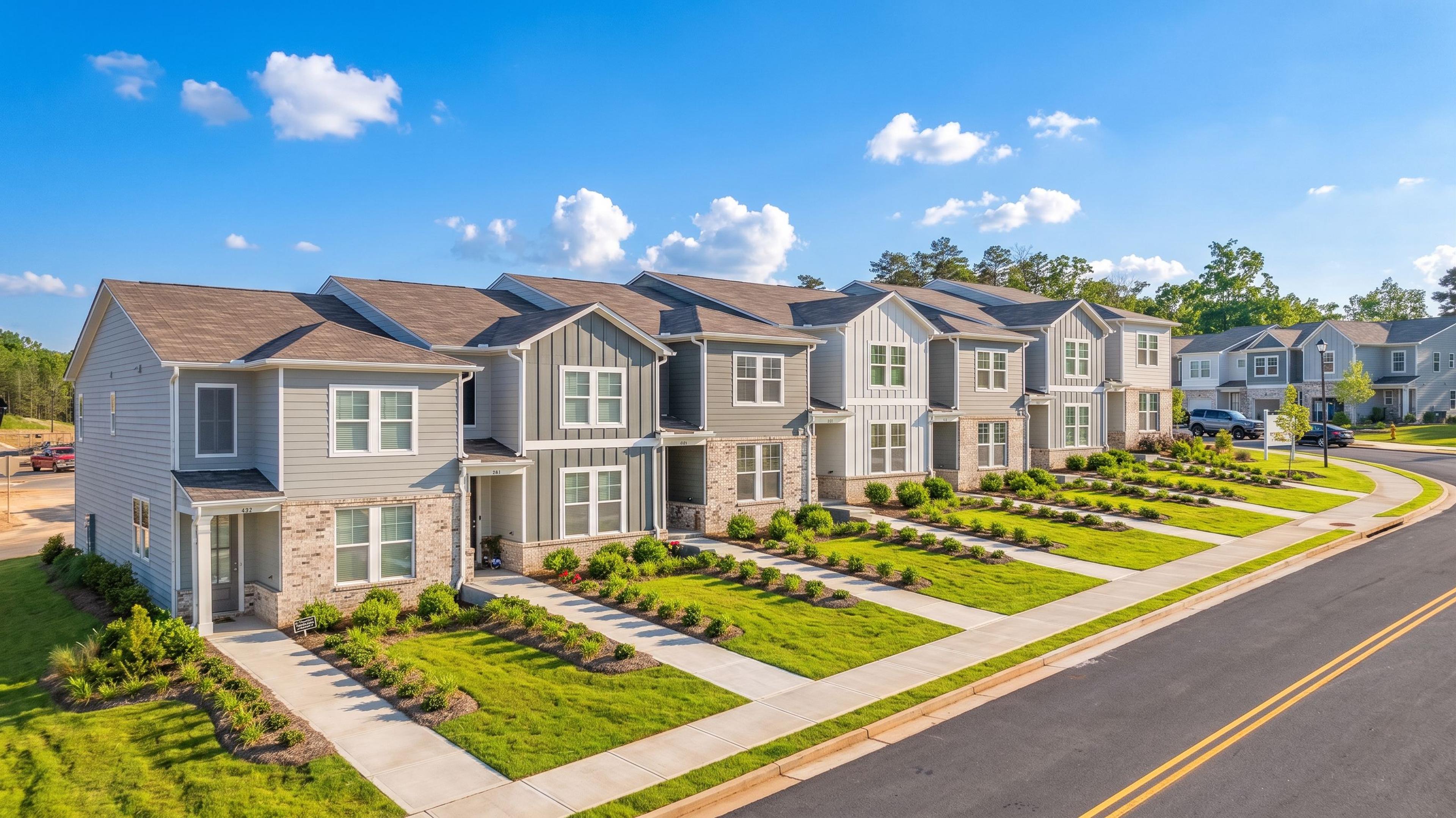 Contemporary townhomes by Davidson Homes at Stegall Village in Emerson, Georgia, featuring modern exterior architecture.