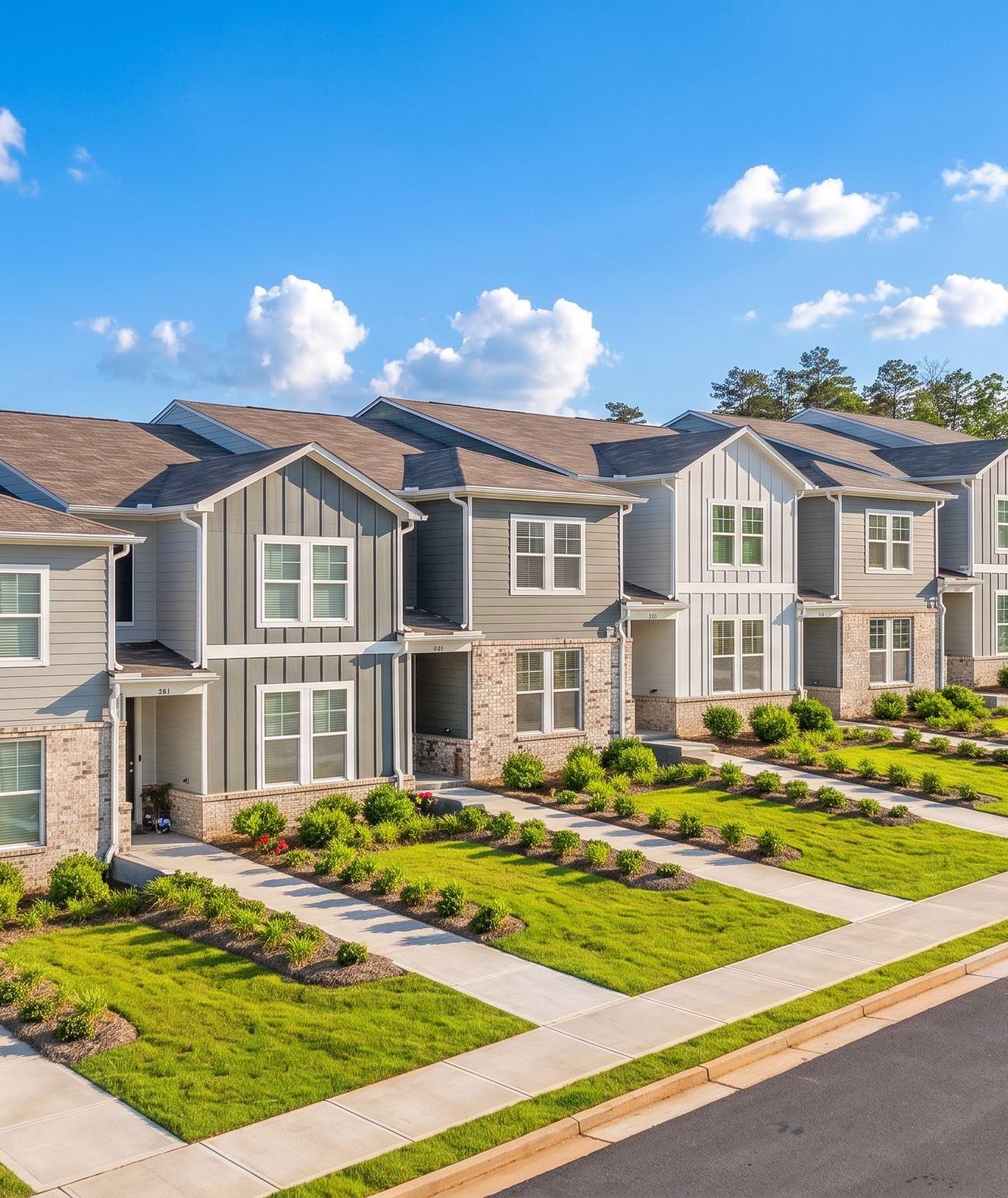 Contemporary townhomes by Davidson Homes at Stegall Village in Emerson, Georgia, featuring modern exterior architecture.