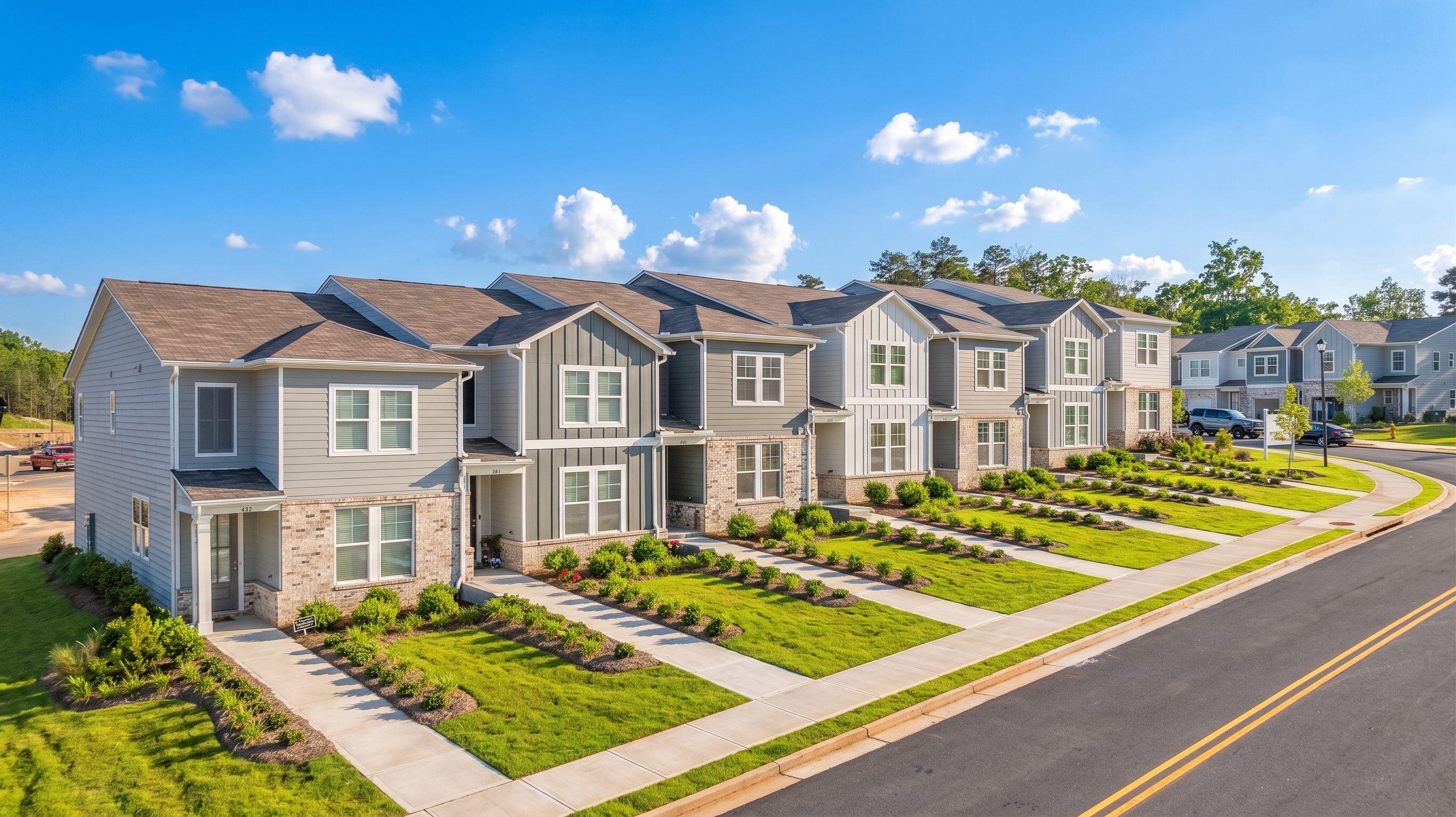 Contemporary townhomes by Davidson Homes at Stegall Village in Emerson, Georgia, featuring modern exterior architecture.