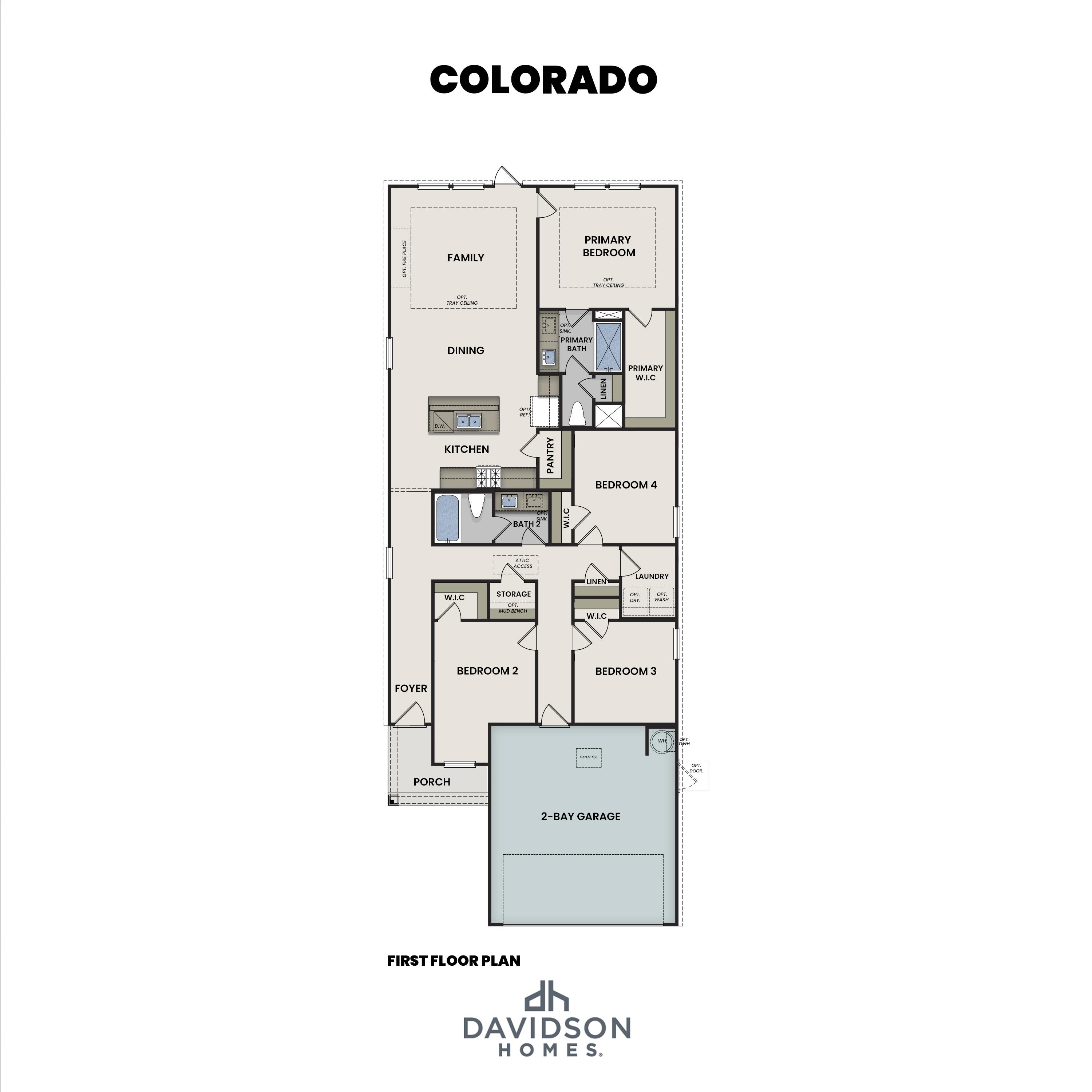 Floor plan of The Colorado F 4-bedroom home featuring open kitchen, primary suite, dining area, and 2-car garage