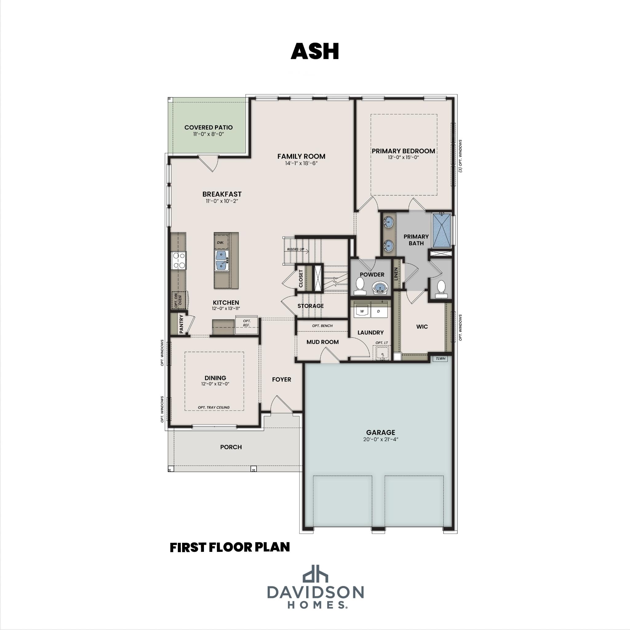 First floor layout of The Ash by Davidson Homes featuring a main-level primary suite, open kitchen, and 2-car garage.