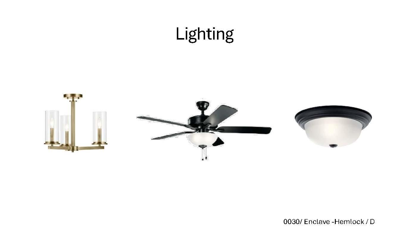 Modern lighting fixtures including chandelier, ceiling fan, and flush mount for The Hemlock D at Enclave at Belmont, NC.