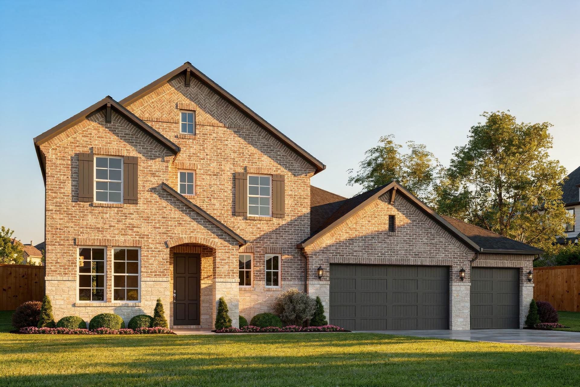 Two-story brick home elevation of The Philip B with 3-car garage, arched entry, shutters, and landscaped yard in Texas City