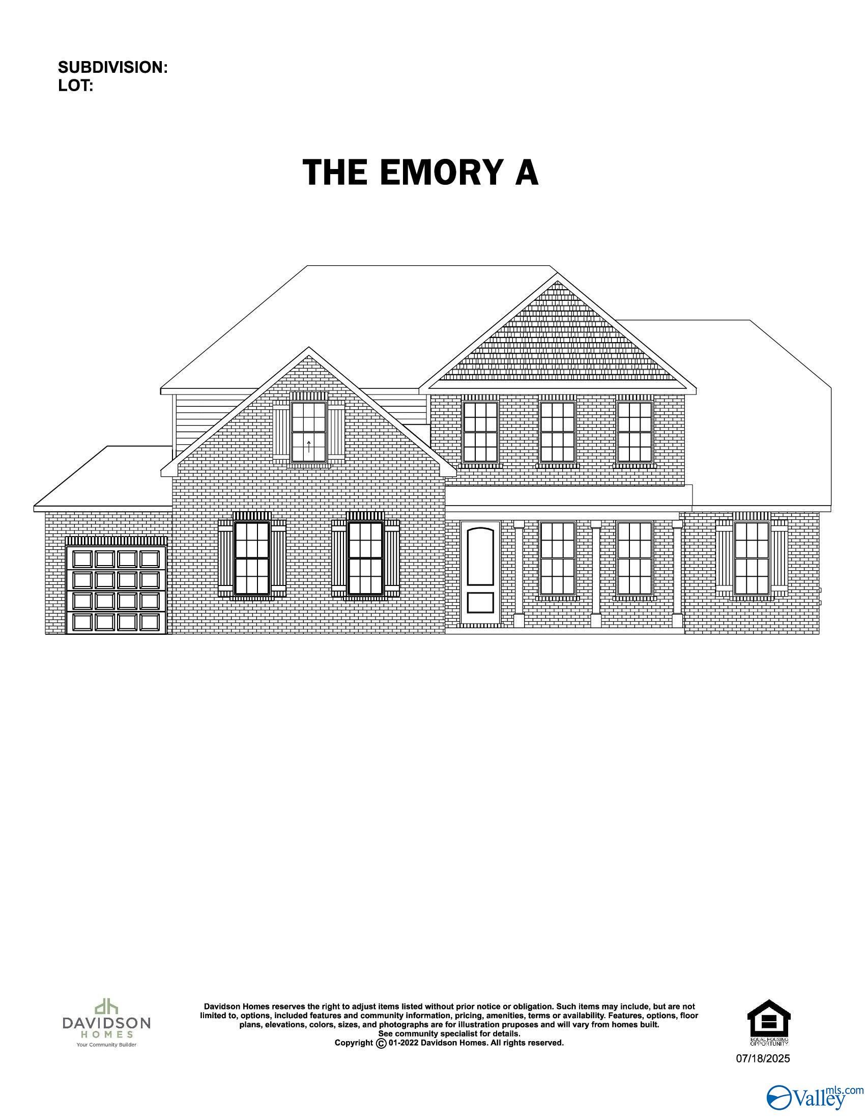 Two-story brick home front elevation with 2-car garage, gabled roof, and covered porch in The Emory A floor plan by Davidson Homes