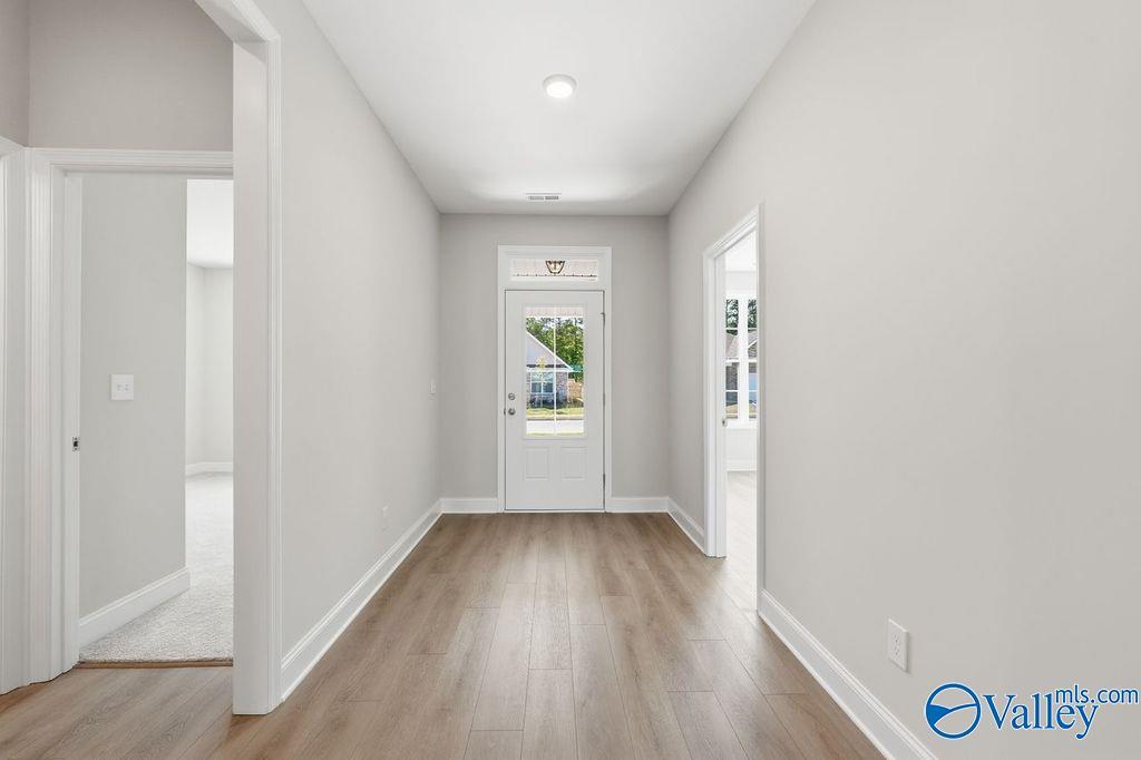 Spacious hallway with light gray walls, hardwood floors, and glass-front entry door in Davidson Homes The Harrison, Hartselle, Alabama