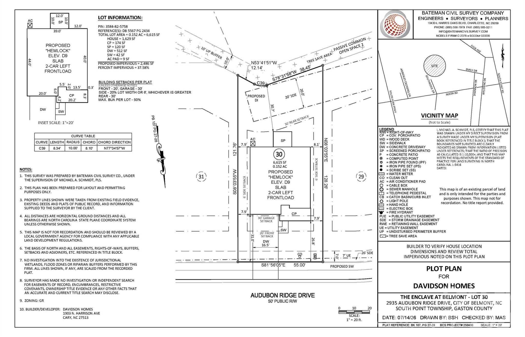 Plot plan for The Hemlock D floor plan by Davidson Homes at Enclave at Belmont in Belmont, North Carolina.
