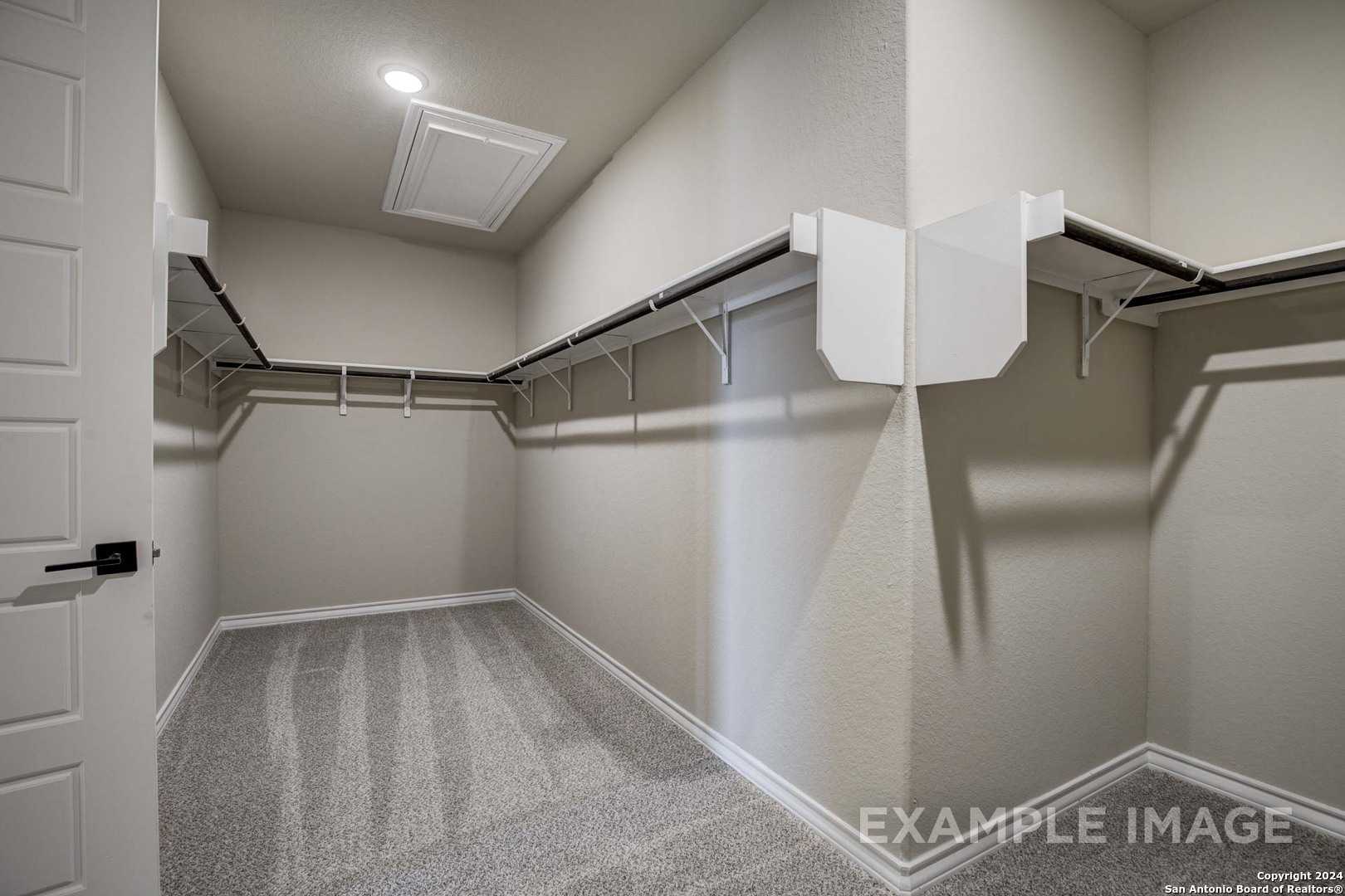 Spacious walk-in closet with beige walls, carpet flooring, built-in shelves and hanging rods in Davidson Homes The Rockford G, Ladera, San Antonio