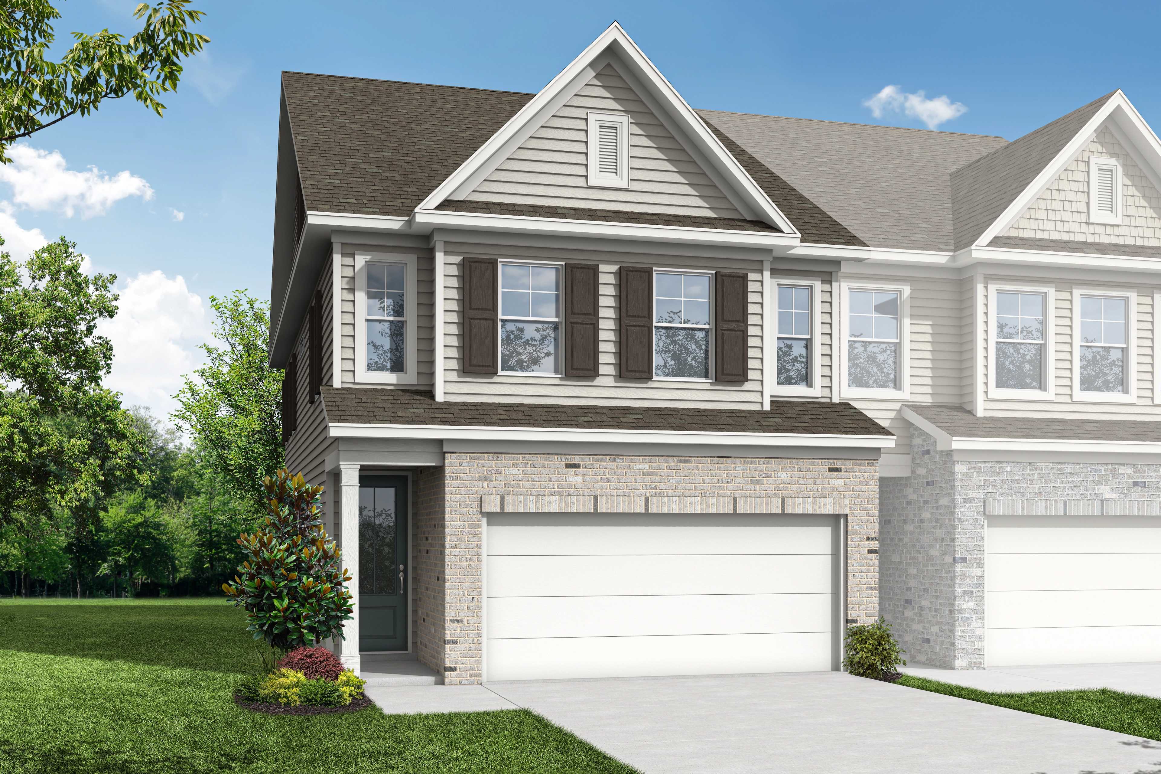 Modern Durham A multi-family home elevation with brick accents, siding, dual garages, and lush landscaping in Cumming, GA