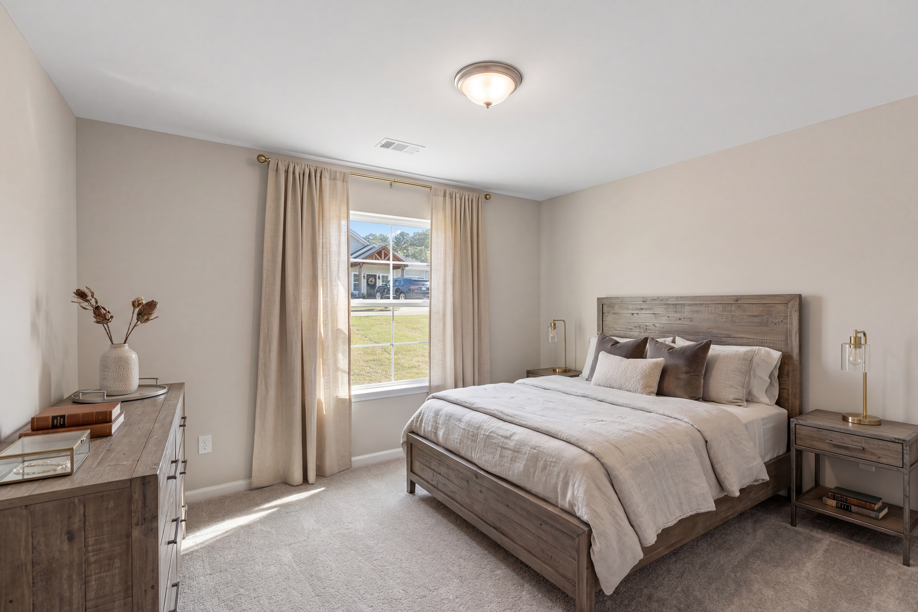 Serene bedroom interior at Summer Vineyard in Phenix City AL with wooden bed, beige linens, dresser, and window view of green field