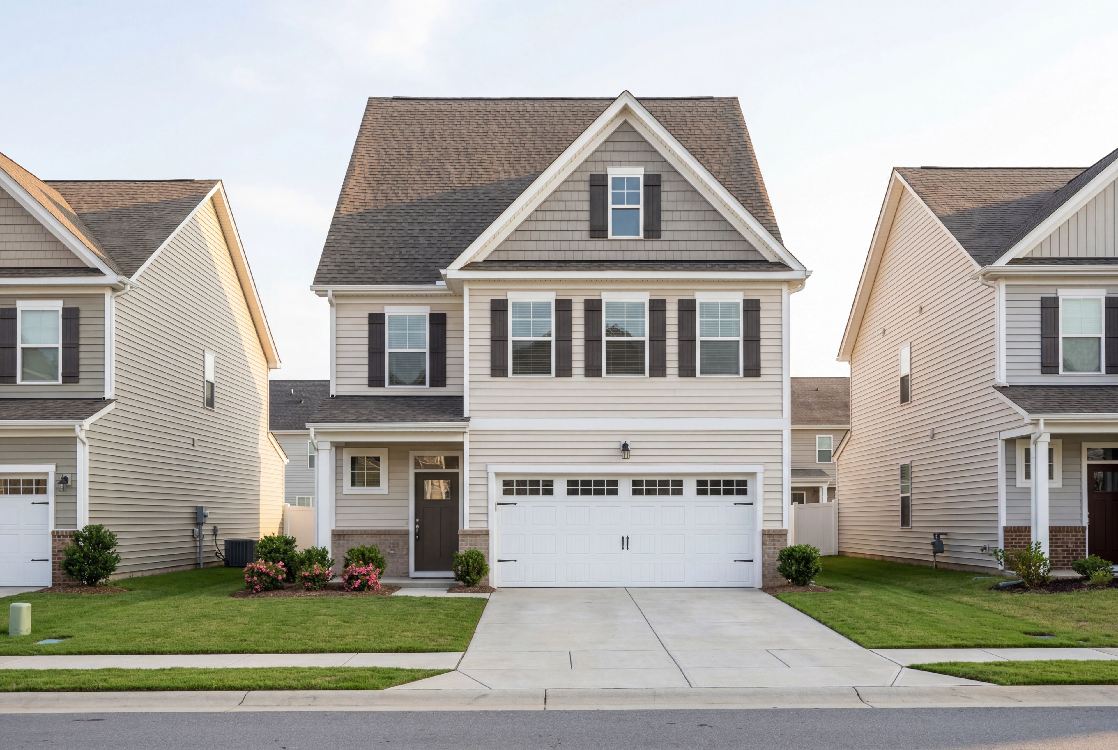 Two-story Gavin A home by Davidson Homes in Lillington NC, beige siding, gabled roof, two-car garage, front porch, landscaped yard