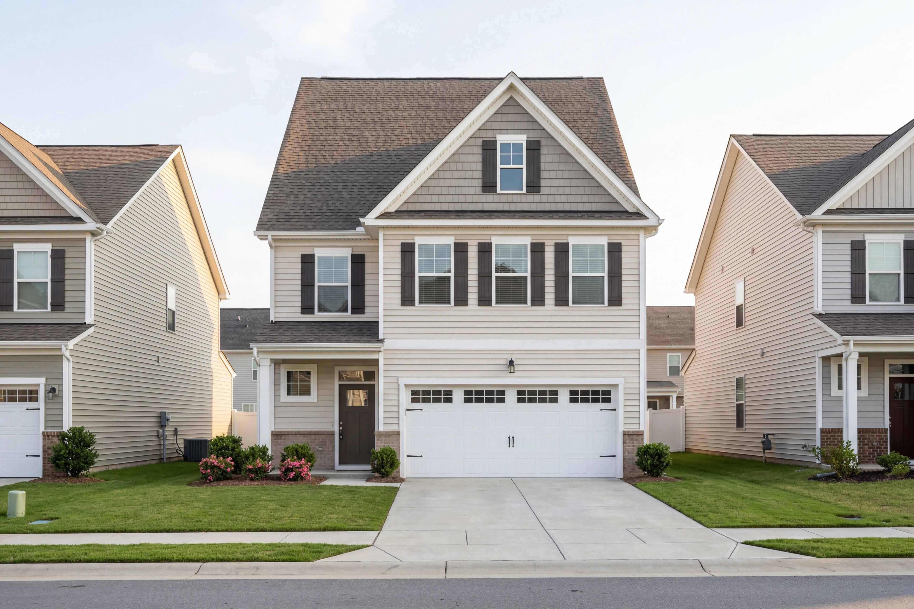 Two-story Gavin A home by Davidson Homes in Lillington NC, beige siding, gabled roof, two-car garage, front porch, landscaped yard