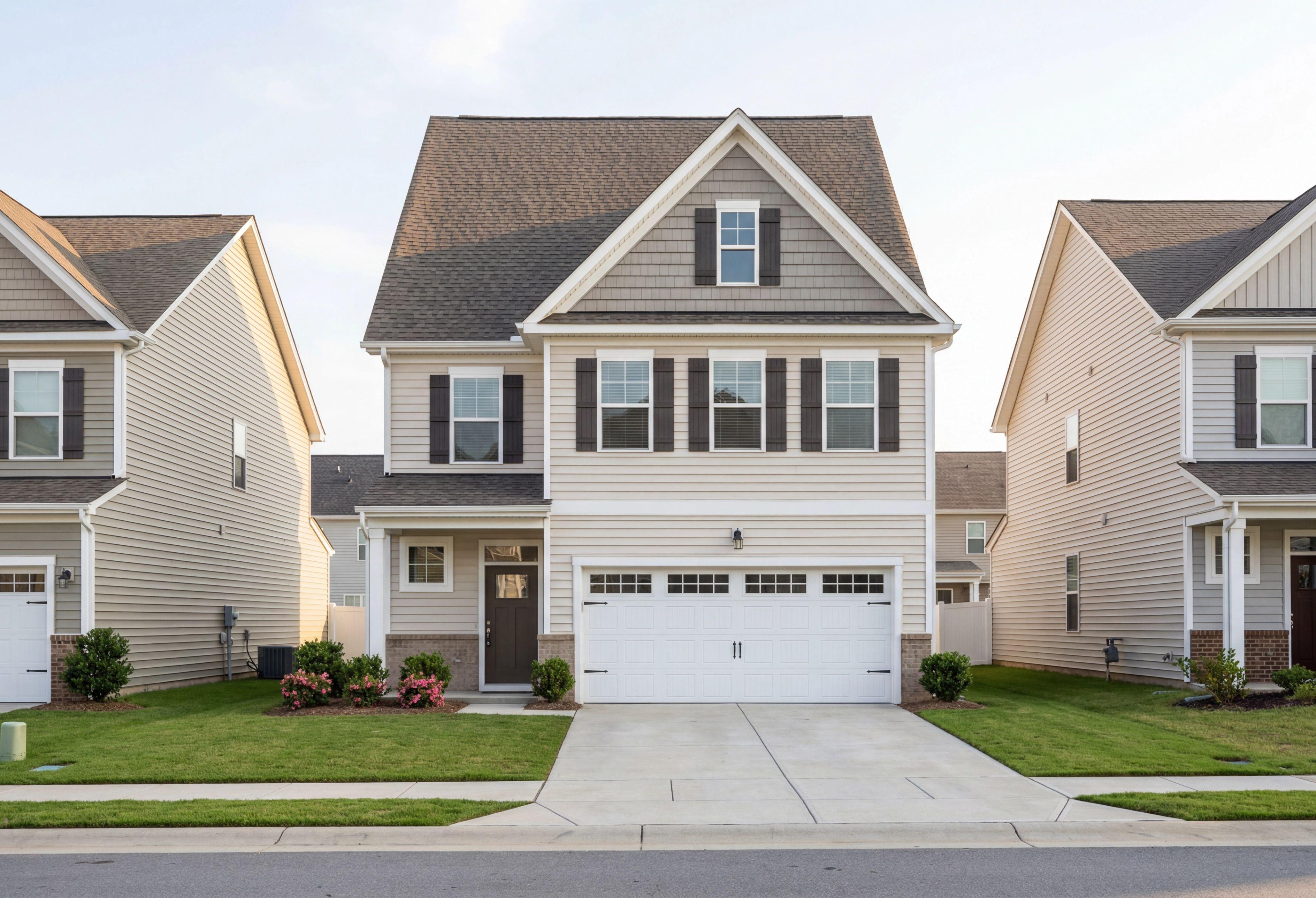 Two-story Gavin A home by Davidson Homes in Lillington NC, beige siding, gabled roof, two-car garage, front porch, landscaped yard