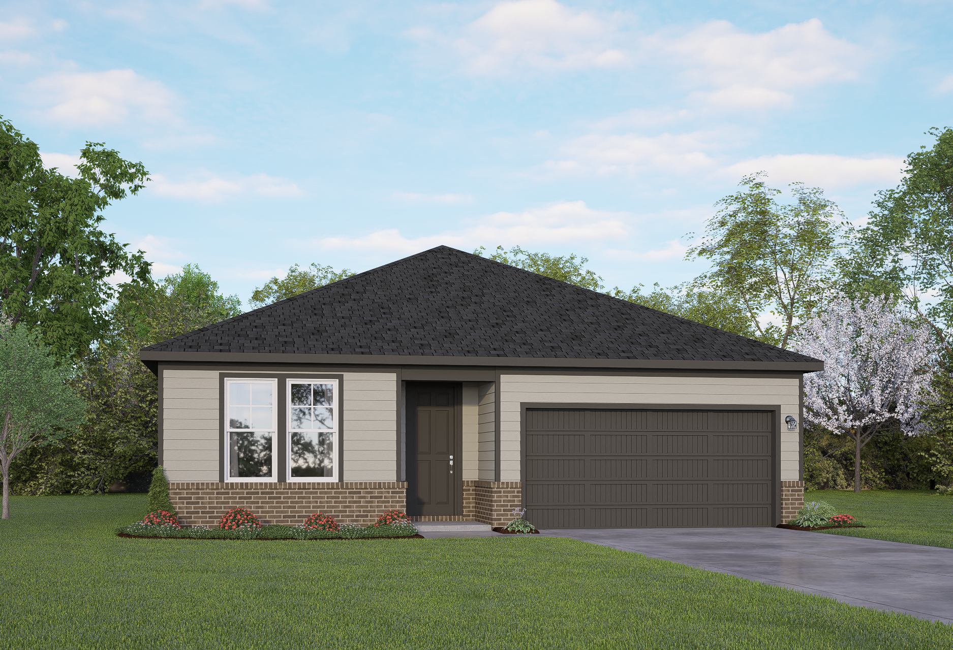 Modern single-story elevation of the Daphne E showcasing beige siding, brick accents, black gable roof, and 2-car garage