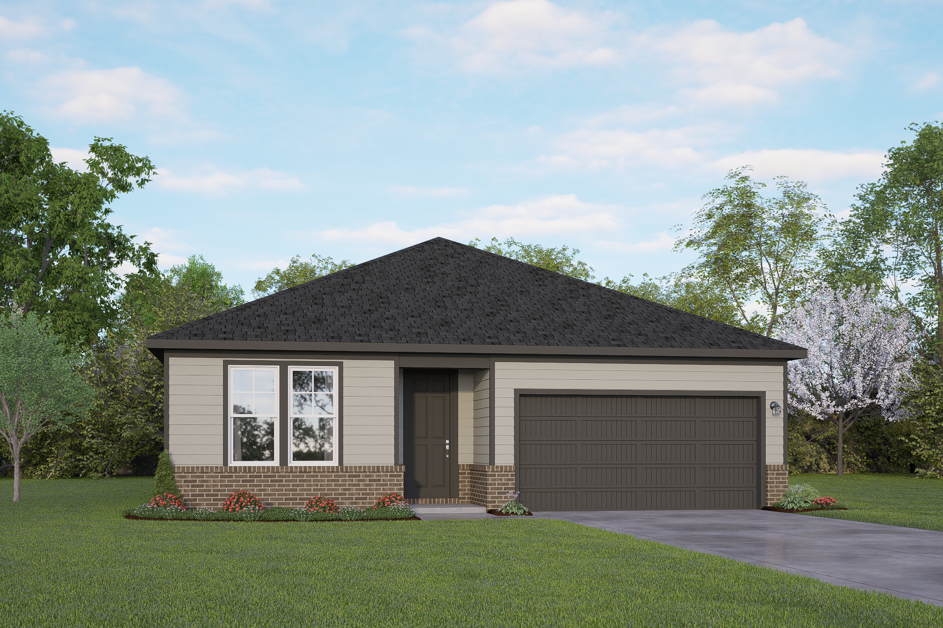Modern single-story elevation of the Daphne E showcasing beige siding, brick accents, black gable roof, and 2-car garage