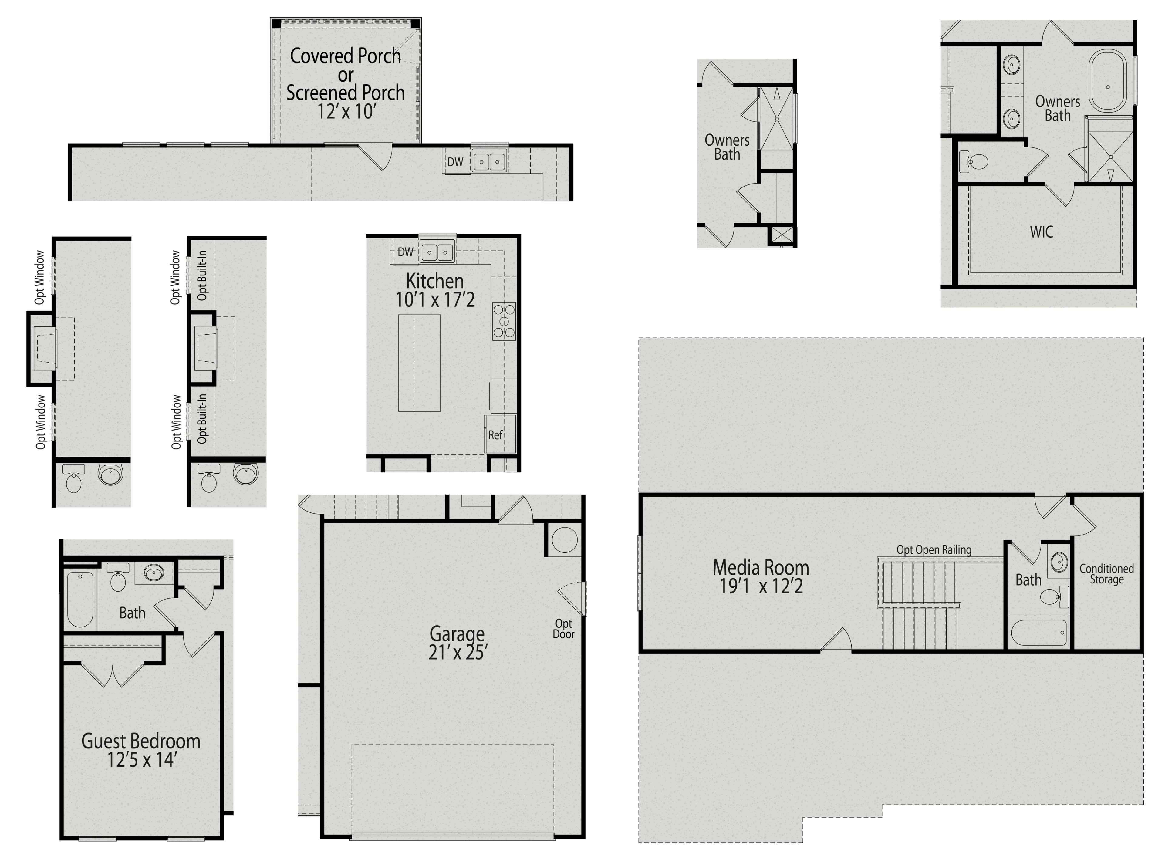 First floor plan of The Hickory II Davidson Homes in Wake Forest NC: open kitchen, 2-car garage, covered porch, media room