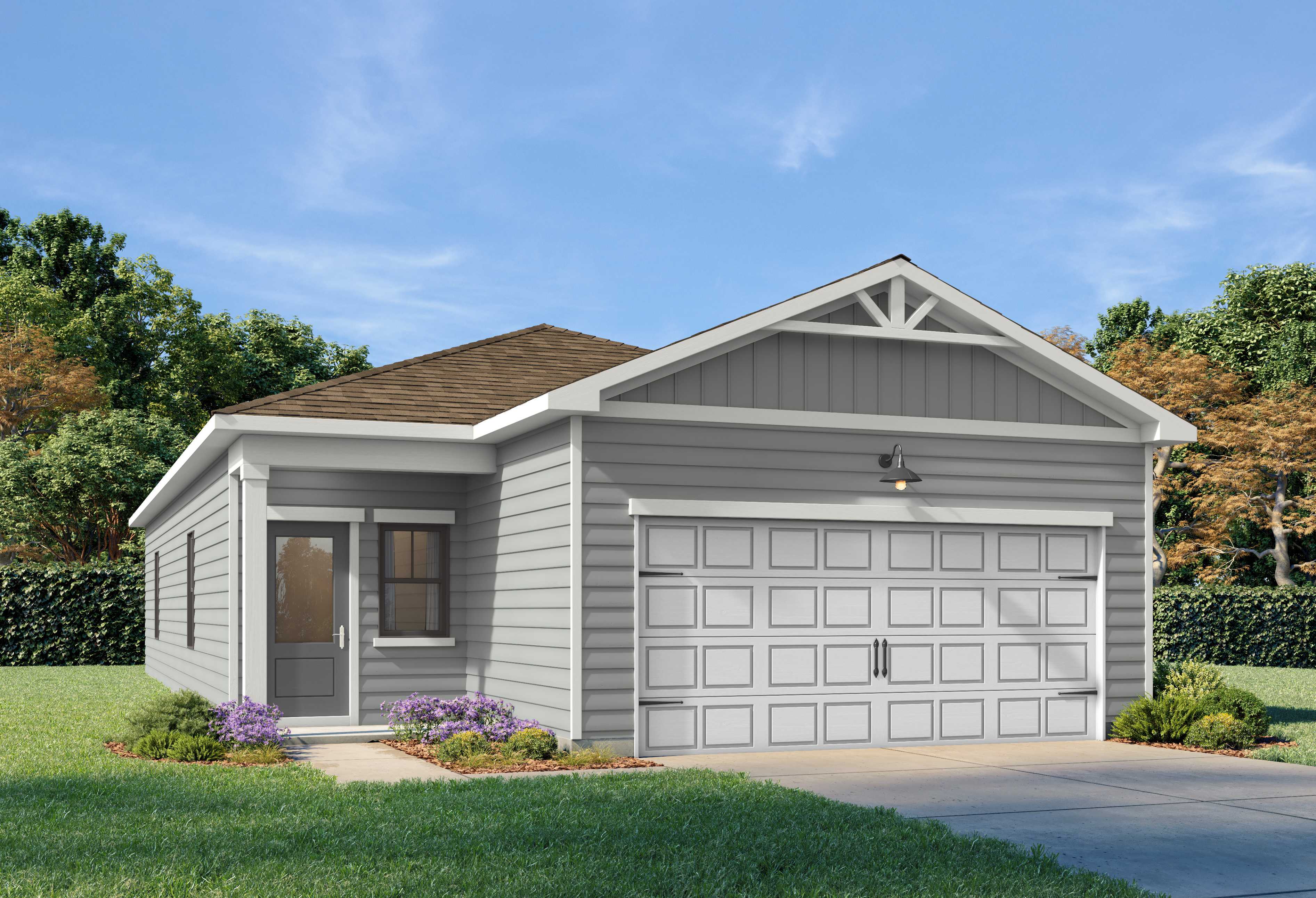 Gray single-story Oconee B home elevation with craftsman gable roof, white 2-car garage, and landscaped front yard in Canton, GA
