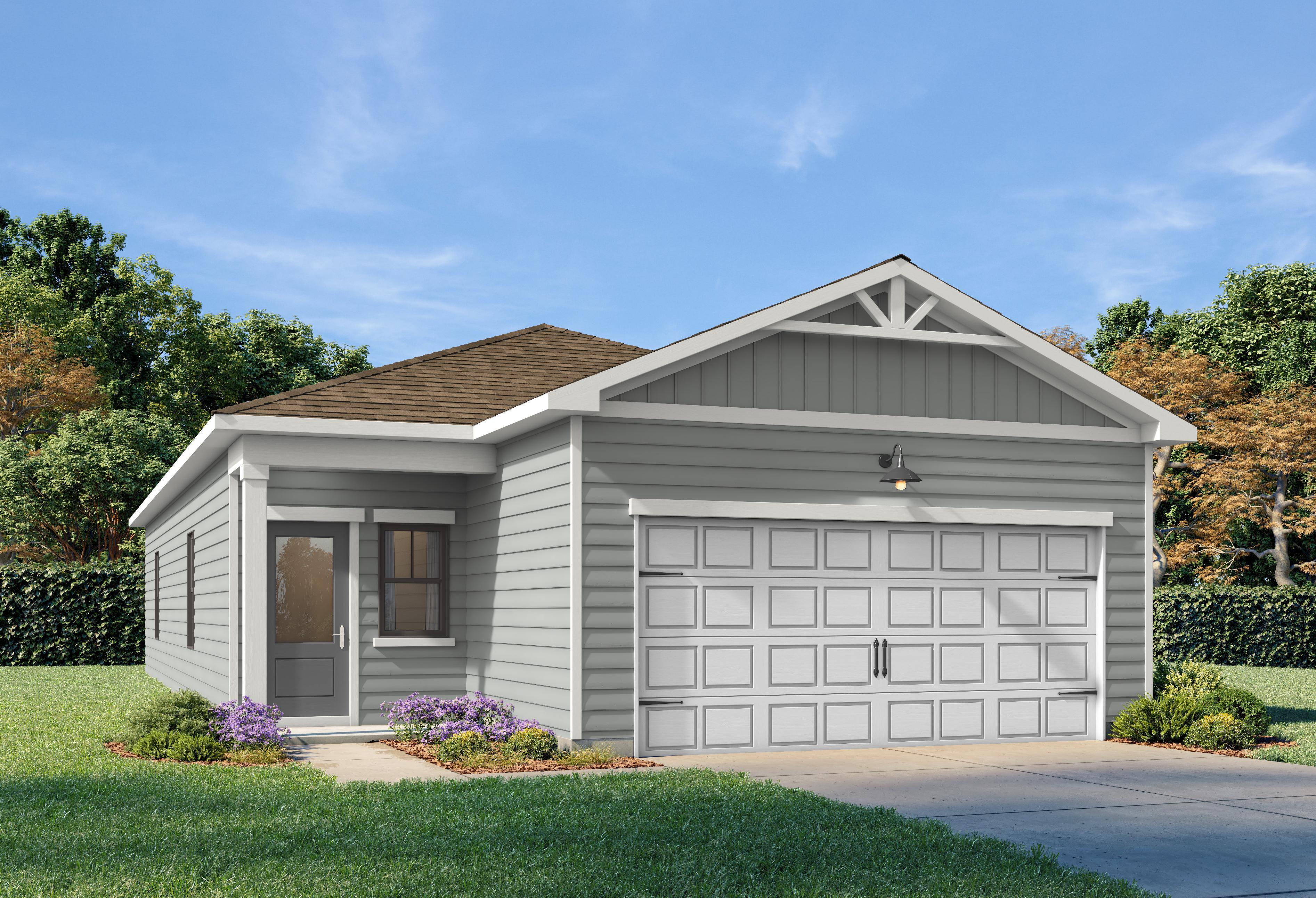 Gray single-story Oconee B home elevation with craftsman gable roof, white 2-car garage, and landscaped front yard in Canton, GA