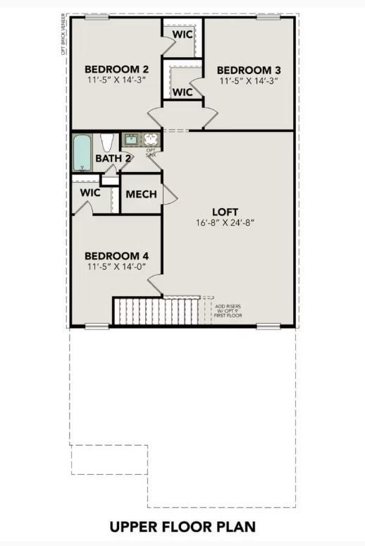 Upper floor plan of The San Marcos F with bedrooms 2-4, spacious loft, full bath in 5-bedroom Davidson Homes, Cleveland, Texas