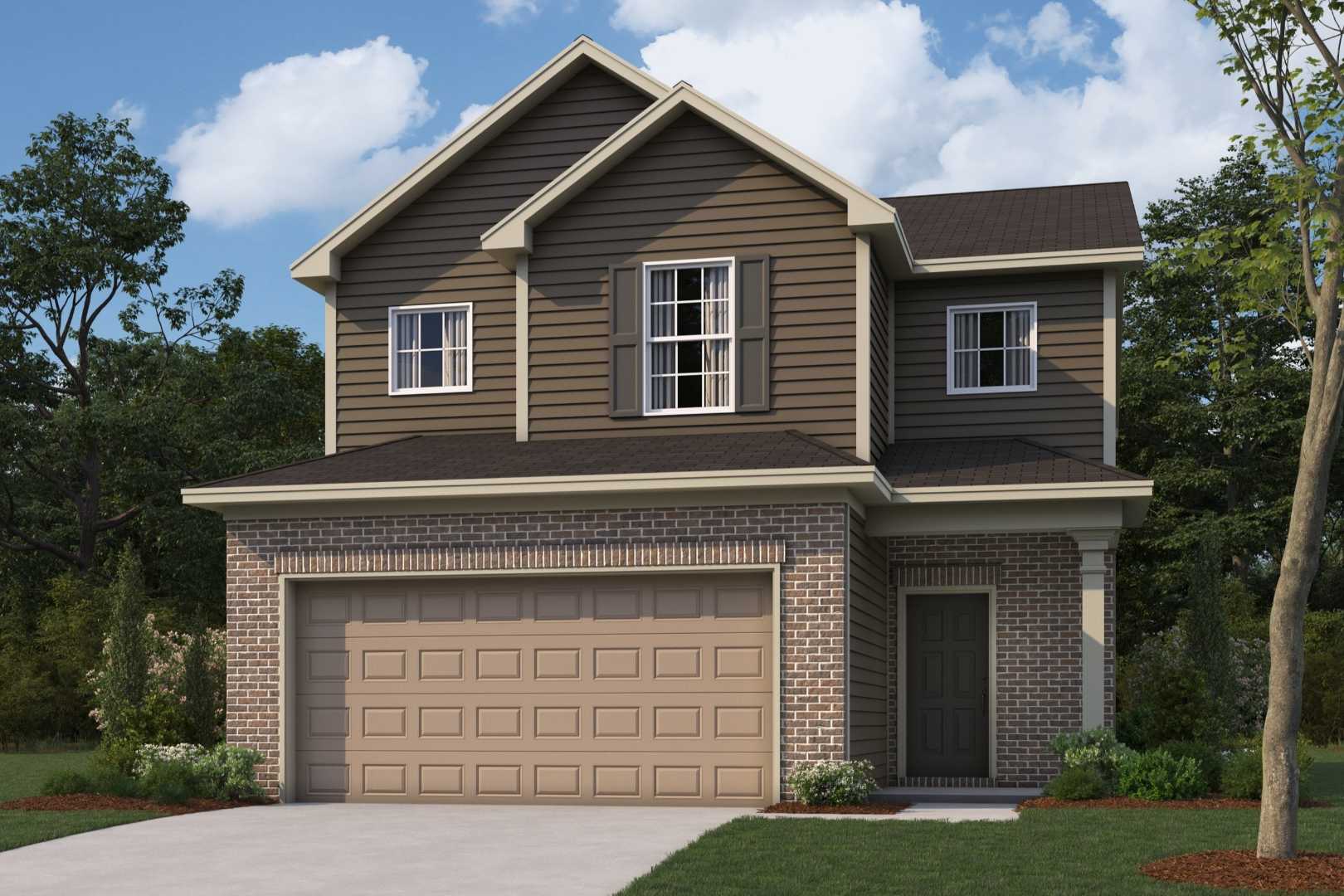 Two-story The Bartlett home elevation with brick accents, beige siding, shingle roof, 2-car garage, trees, and lush lawn in Phenix City