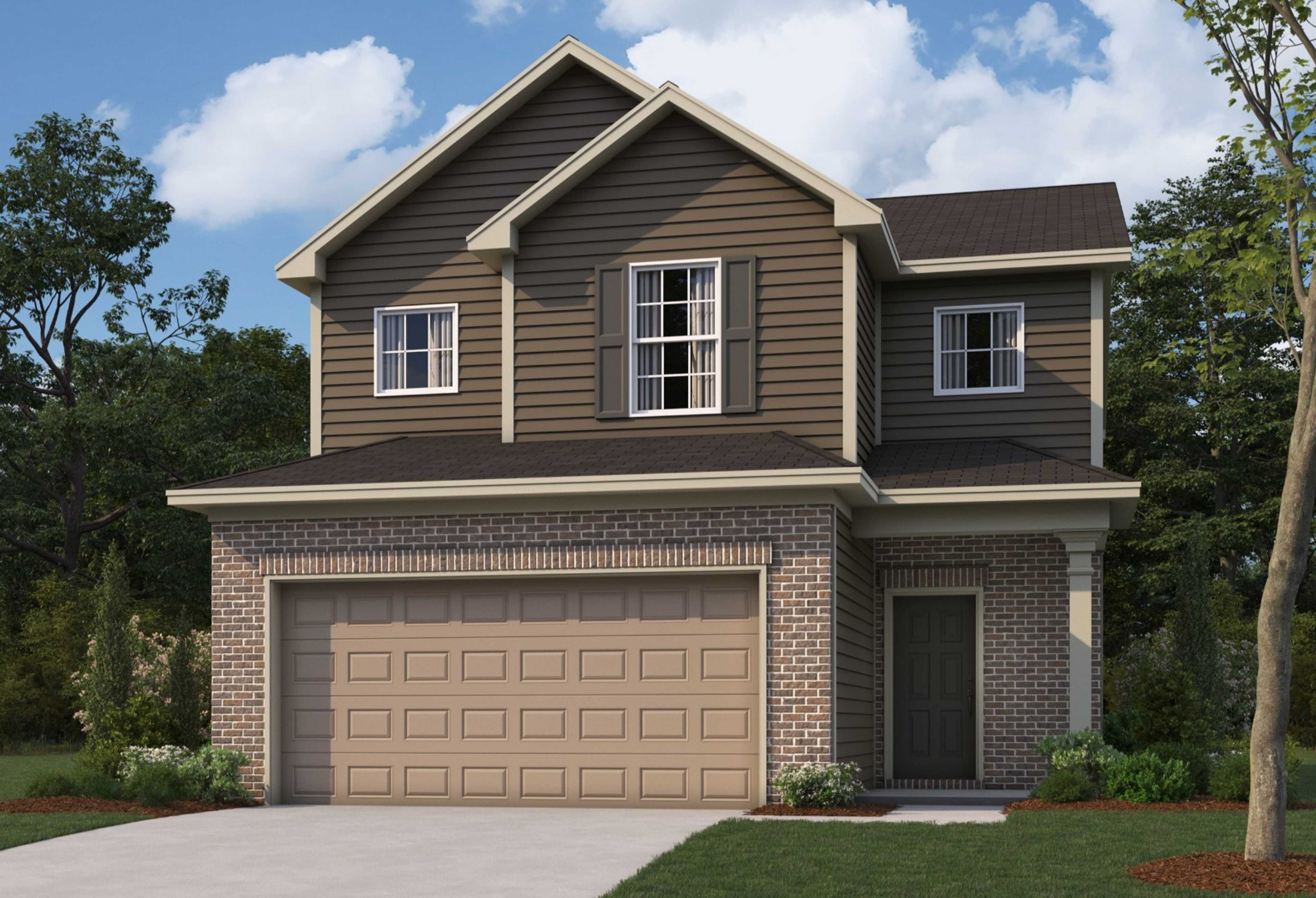 Two-story The Bartlett home elevation with brick accents, beige siding, shingle roof, 2-car garage, trees, and lush lawn in Phenix City