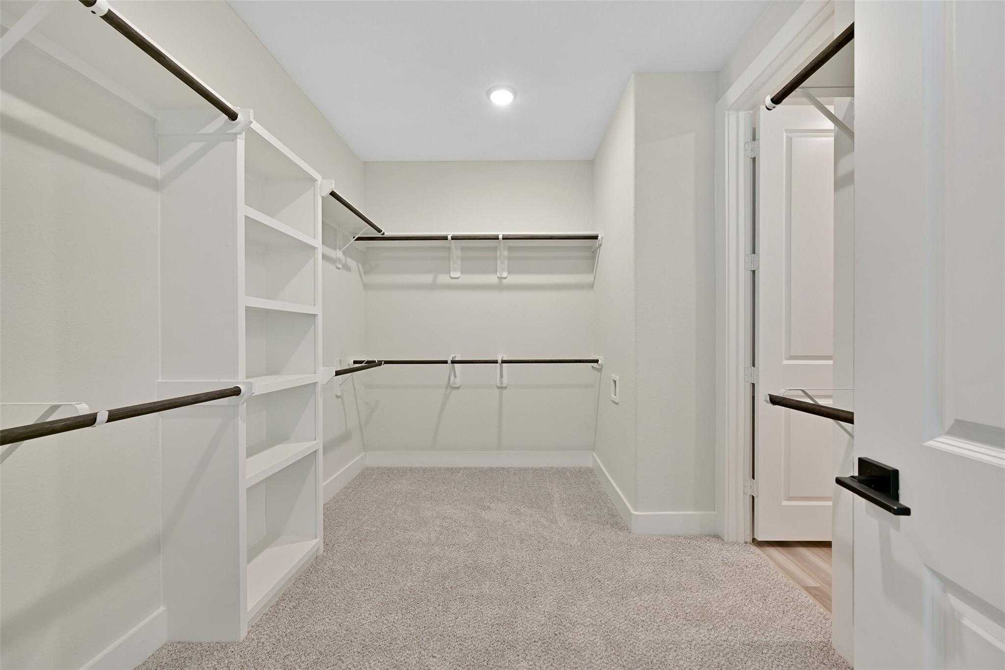 Spacious walk-in closet with white shelving, hanging rods, and carpeted floor in Davidson Homes The Edward C, Lago Mar, Texas City, Texas