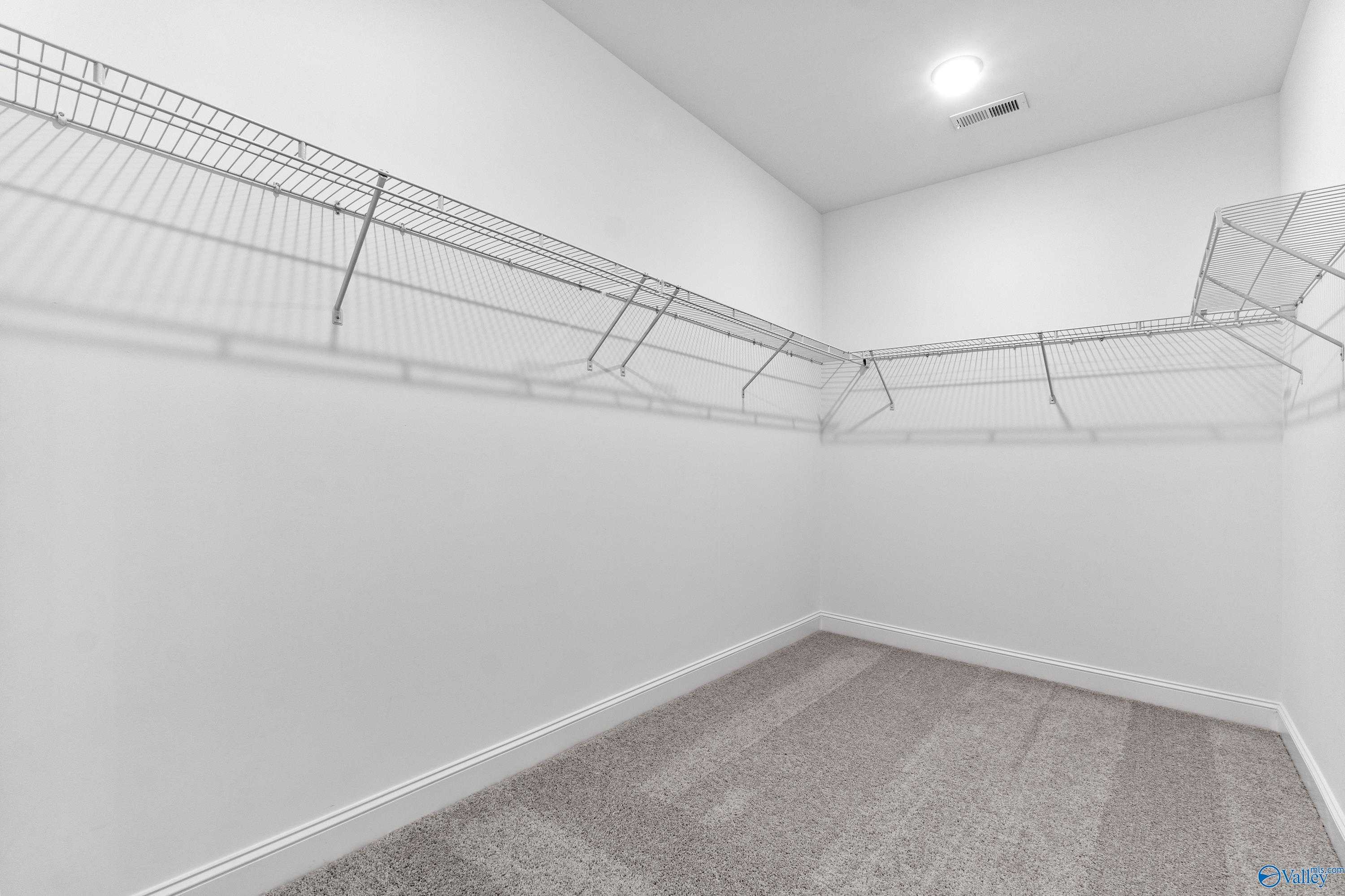 Spacious walk-in closet with wire shelving, white walls, and carpeted floor in Davidson Homes The Finleigh, Toney, Alabama