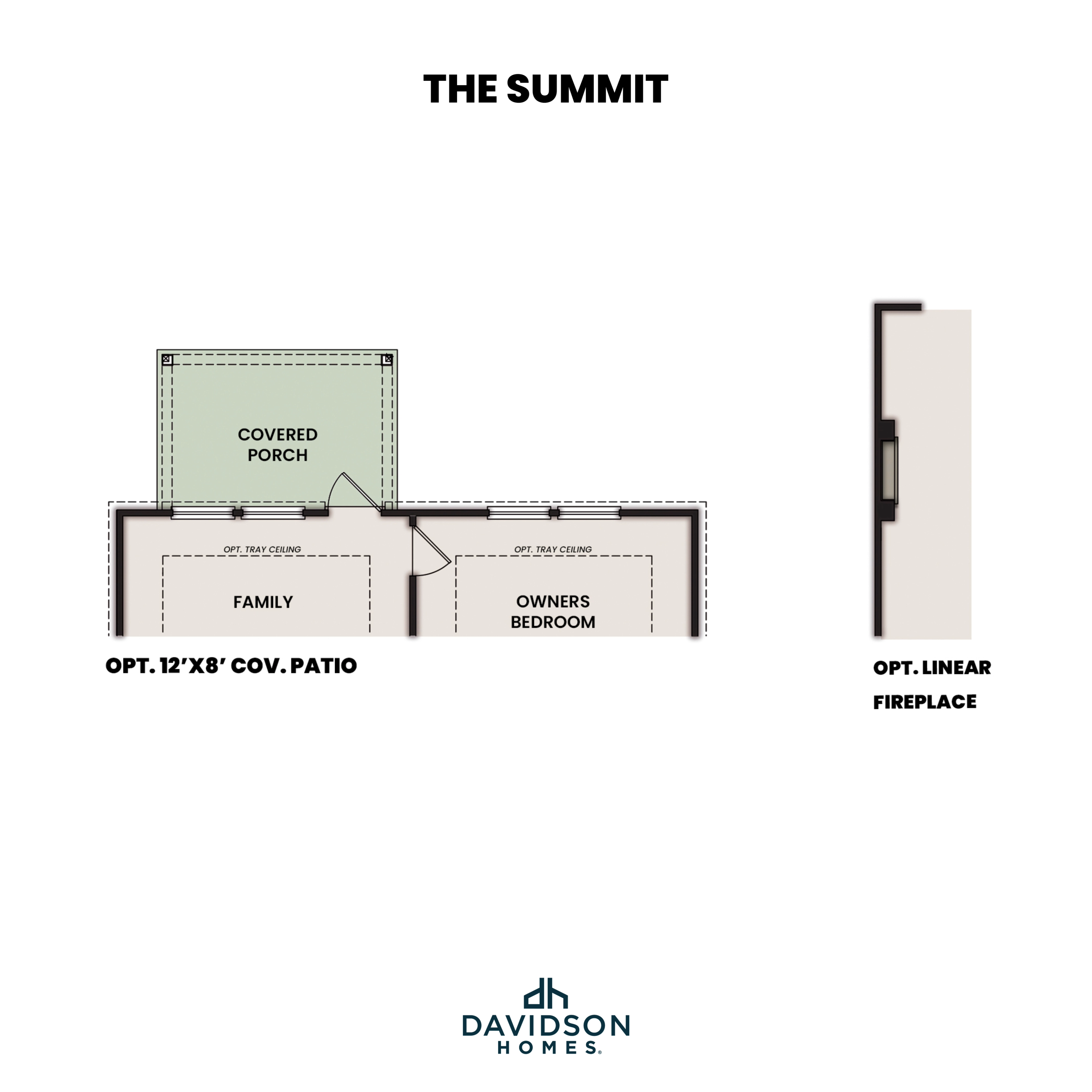 The Summit floor plan by Davidson Homes featuring family room, owner's bedroom, covered porch, optional patio, and linear fireplace