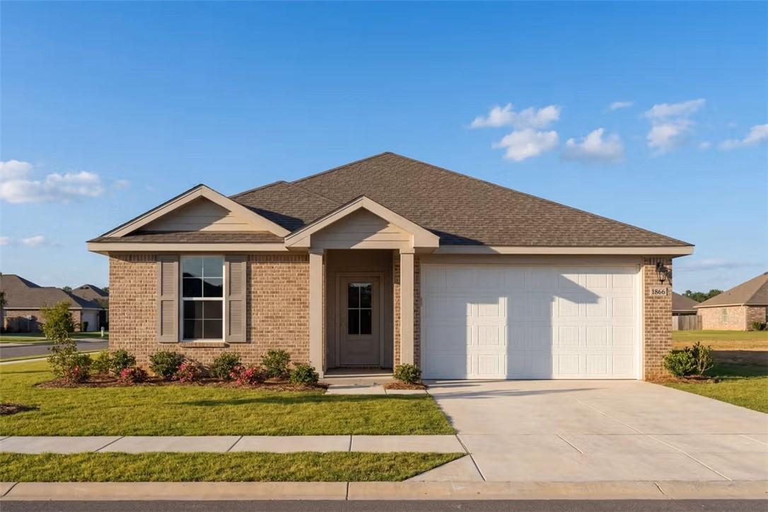 The Aurora A floor plan by Davidson Homes, a 1-story, 4-bedroom house with a 2-car garage in Links Crossing, Auburn, AL.