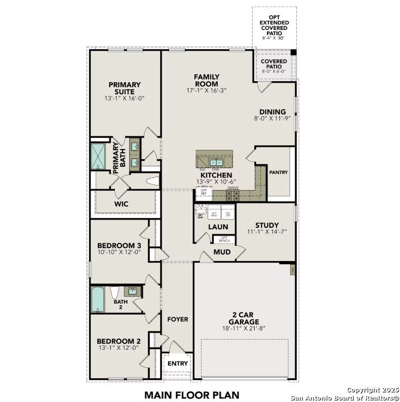 Detailed 1-story floor plan for The Daphne J 4-bed, 3-bath home by Davidson Homes in Horizon Pointe, Converse, Texas