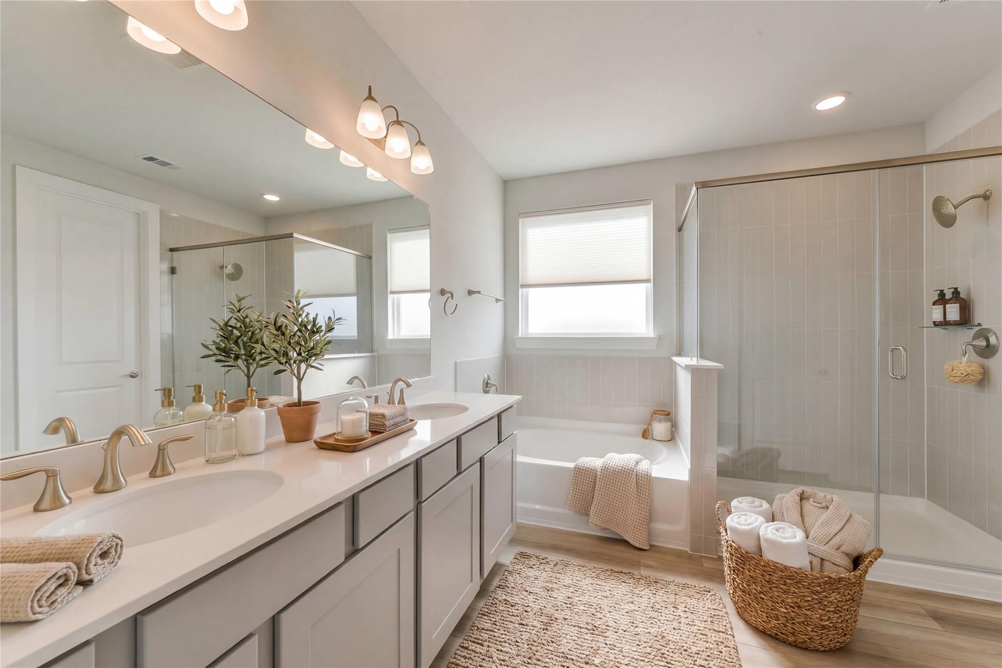Elegant master bathroom featuring double vanity, freestanding tub, walk-in shower in Davidson Homes The Edward A, Lago Mar, Texas City