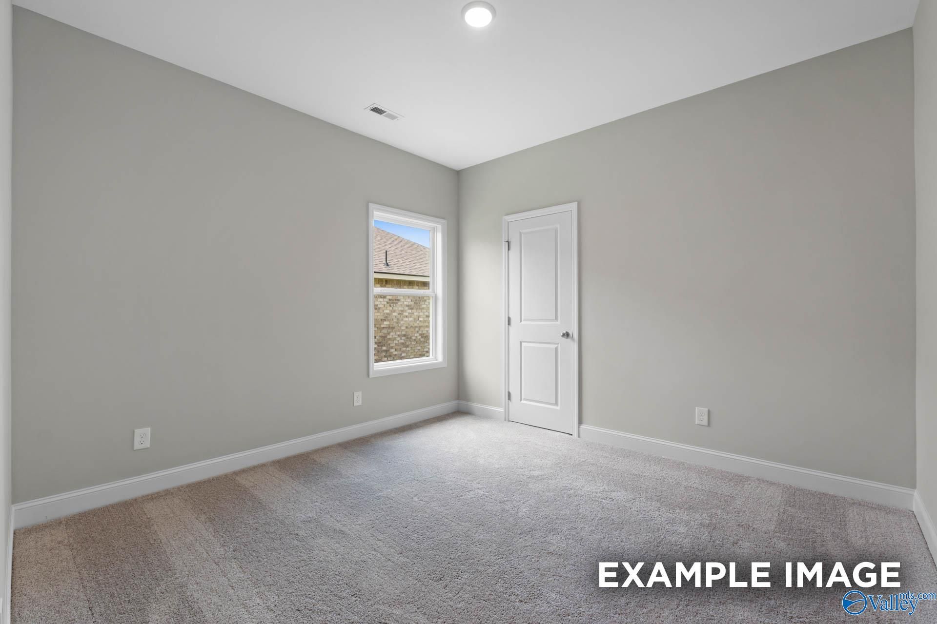 Empty secondary bedroom featuring gray walls, large window, white door, and plush carpet in The Everett 4-bedroom home, Meridianville, Alabama